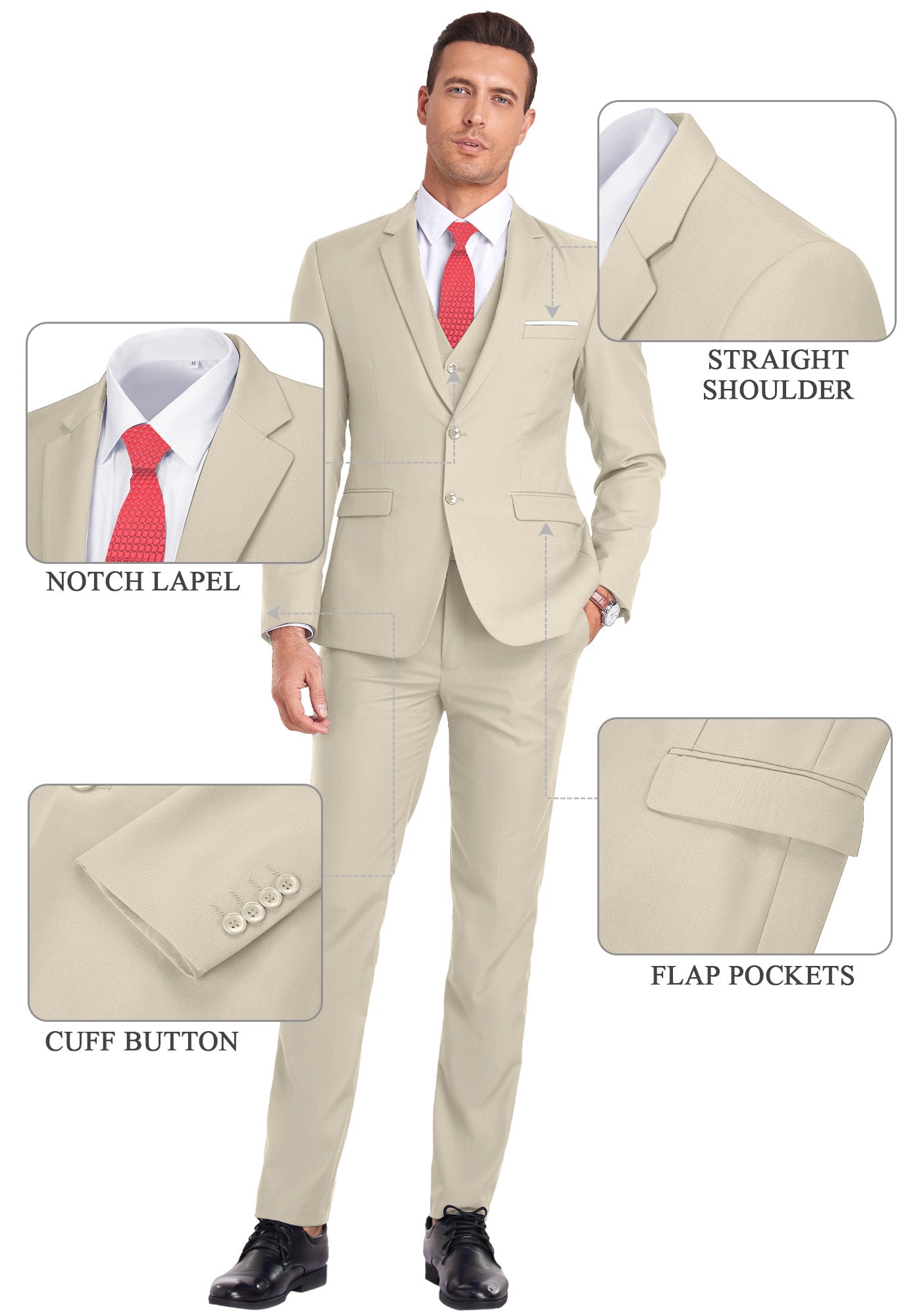 Feature callouts on new beige suit showing notch lapel, flap pockets, cuff buttons, and shoulder cut