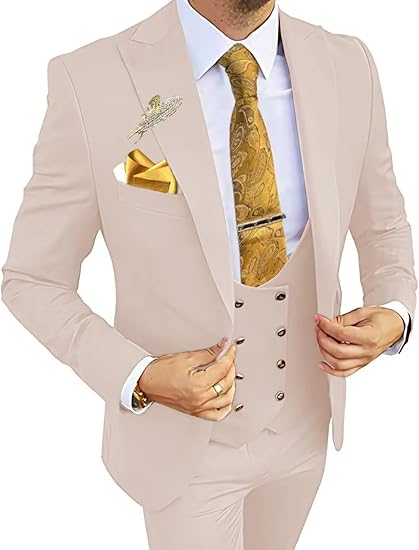 Prom-ready men’s beige slim fit 3 piece suit with vest and tuxedo lapels