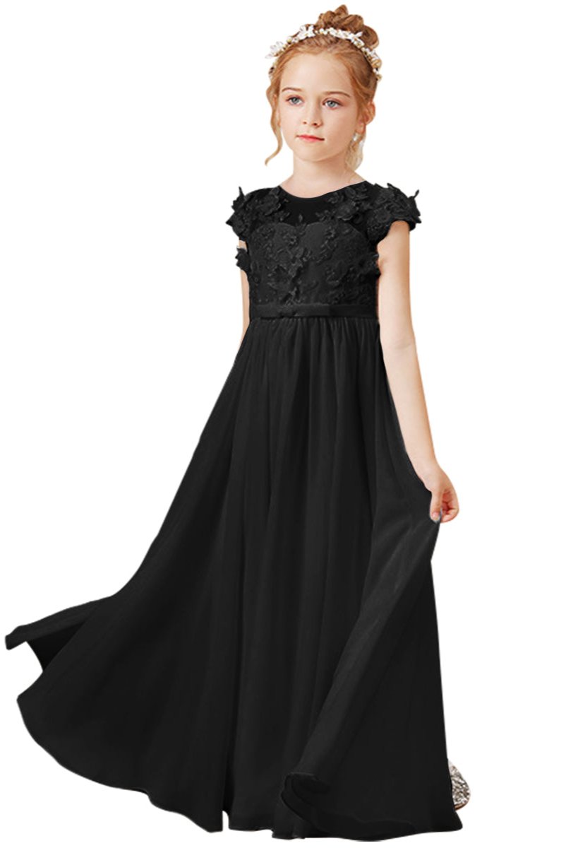 Wehilion flower girl tulle dress in black with floral details and flowing skirt for special occasions