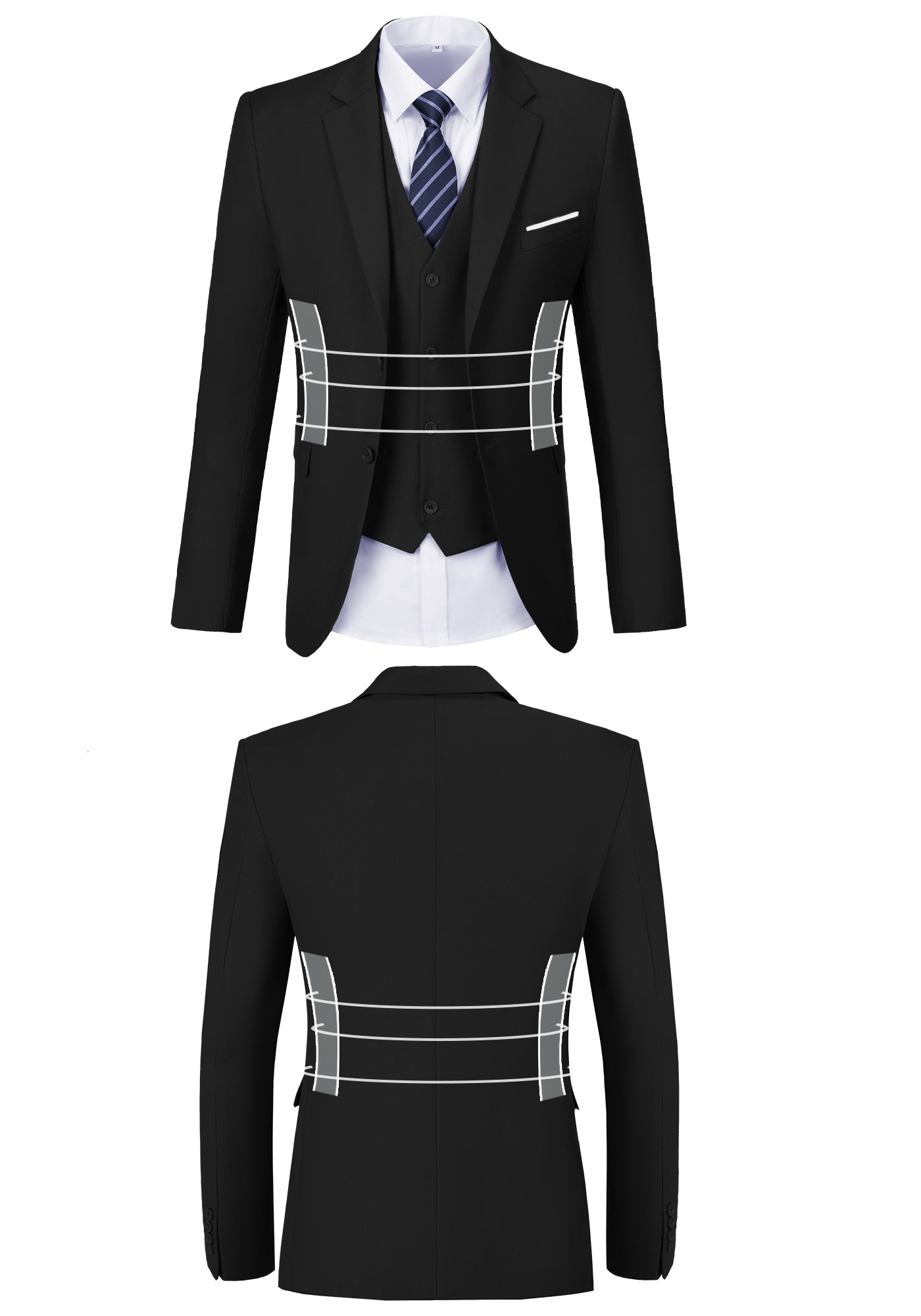 Front and back view of black suit jacket showing fit, button, and stitching design