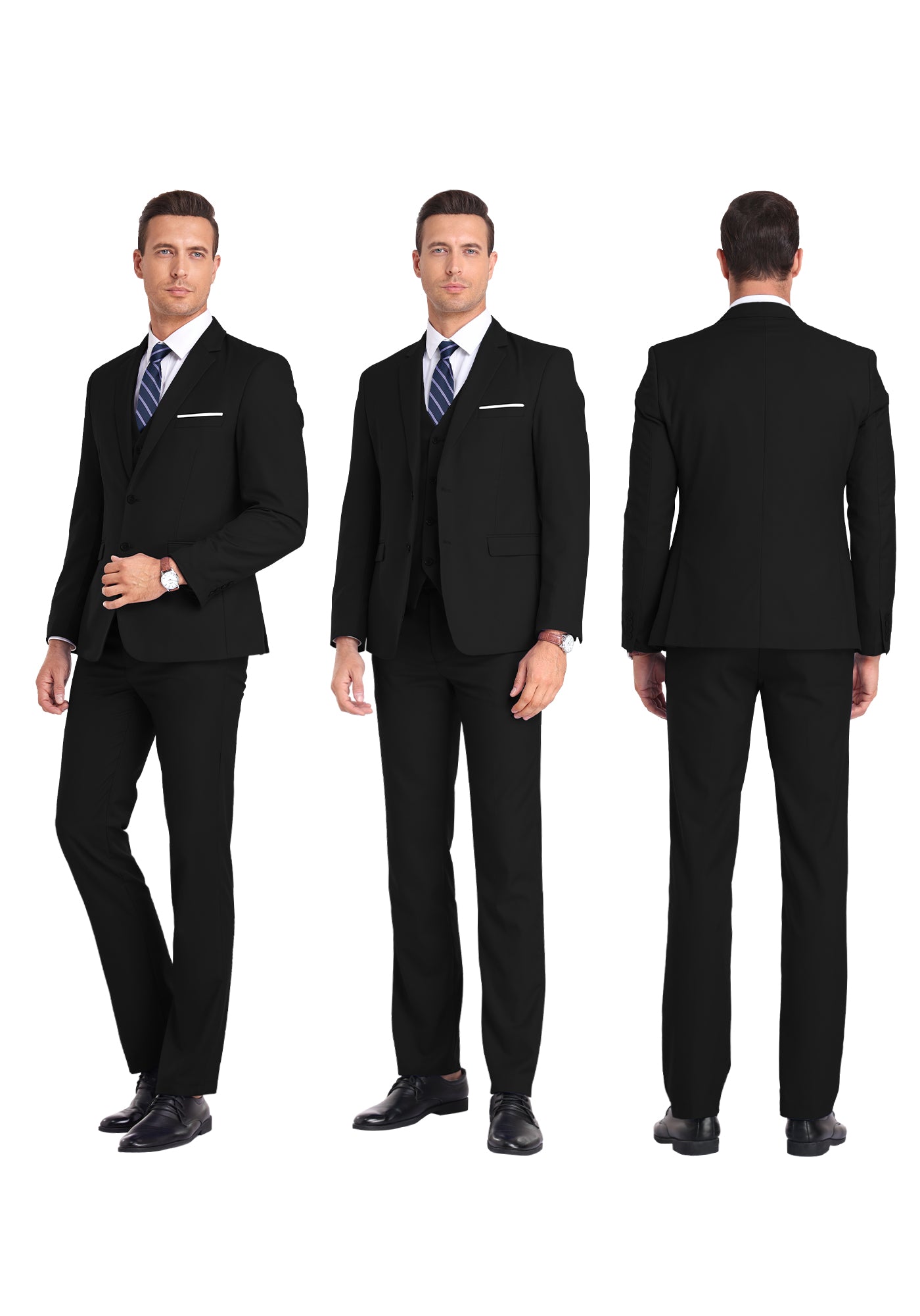 Three-angle view of model in black suit from front, side, and rear, highlighting tailored fit