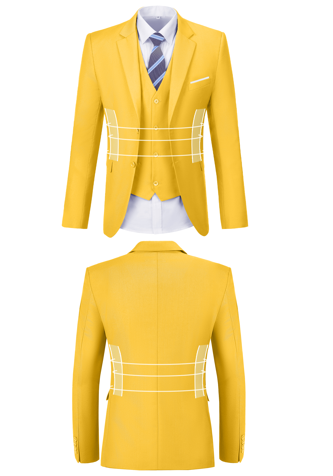 Front and back view of bright yellow suit jacket showing fit, button, and stitching design