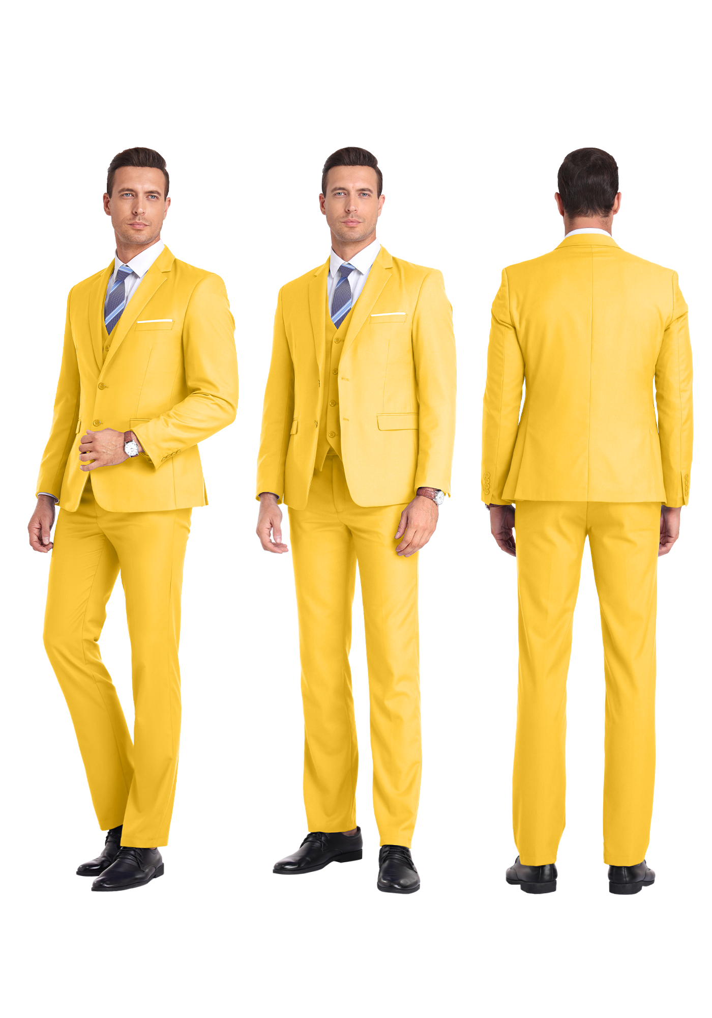 Three-angle view of model in bright yellow suit from front, side, and rear, highlighting tailored fit