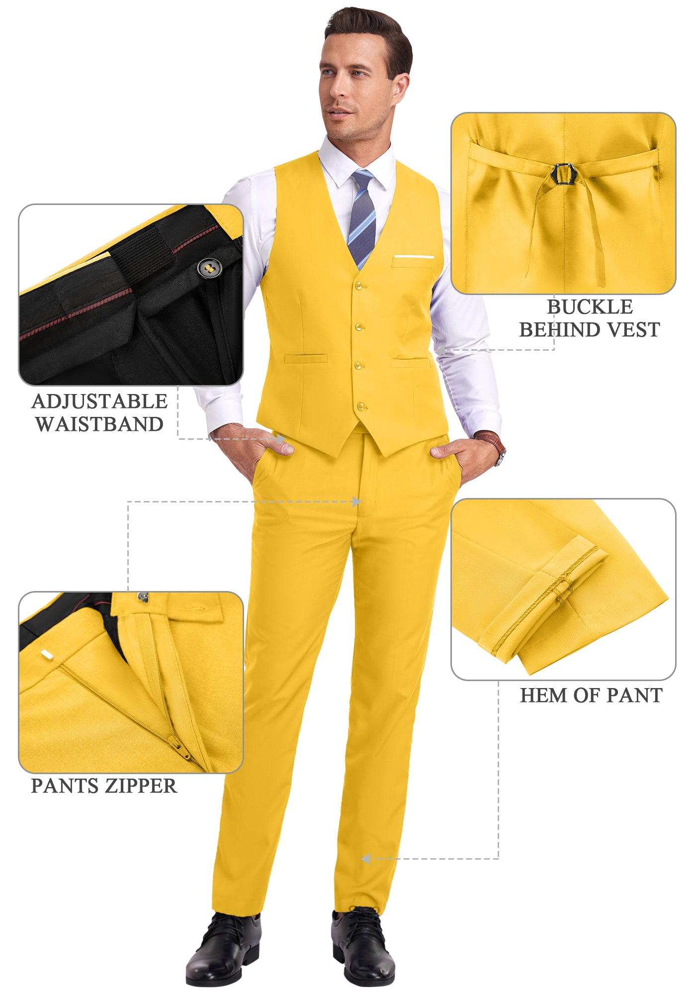 bright yellow vest and pants displayed on model with zoom-in details on waistband, zipper, and vest buckle