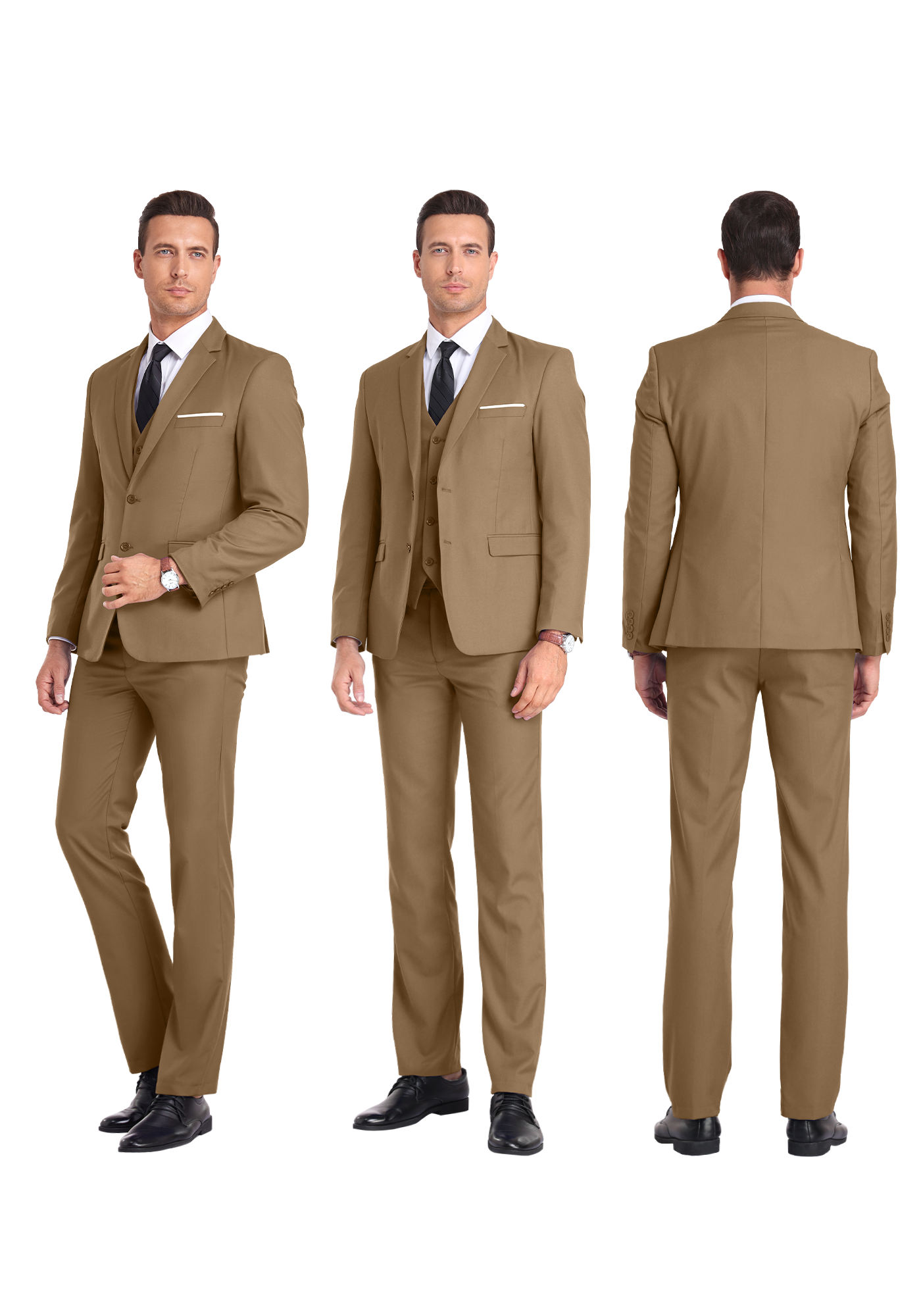 Three-angle view of model in brown suit from front, side, and rear, highlighting tailored fit