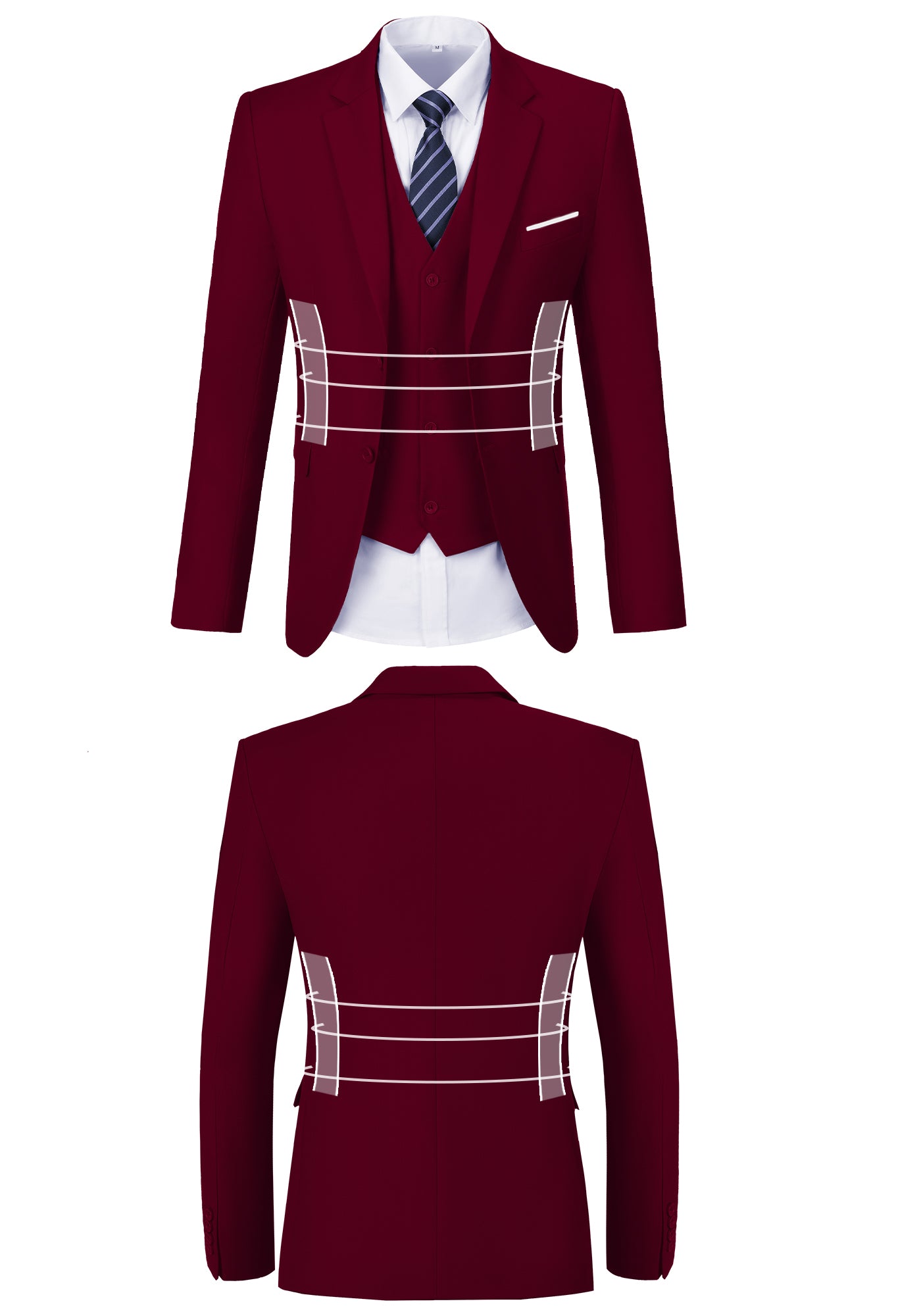 Front and back view of burgundy suit jacket showing fit, button, and stitching design