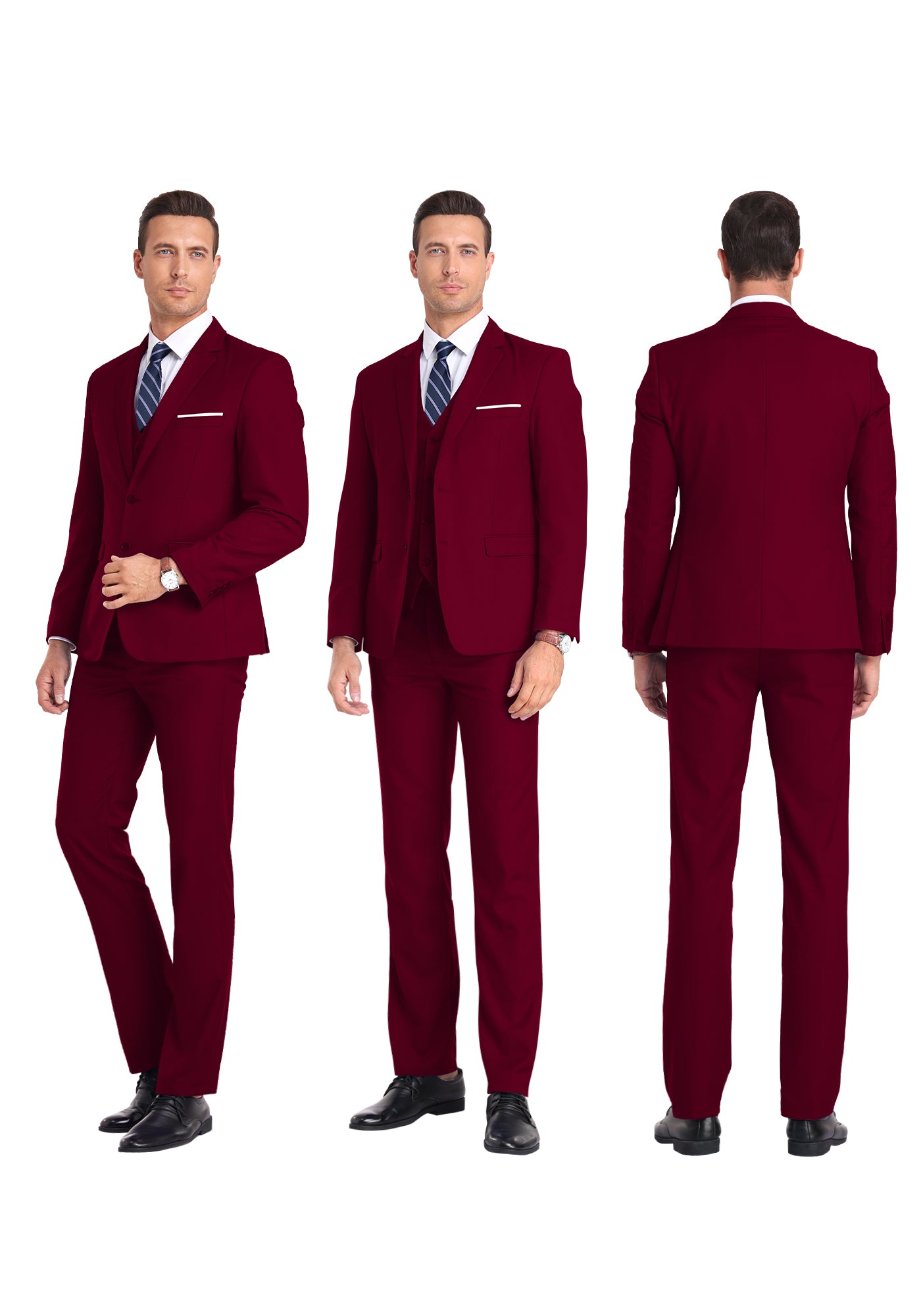 Three-angle view of model in burgundy suit from front, side, and rear, highlighting tailored fit
