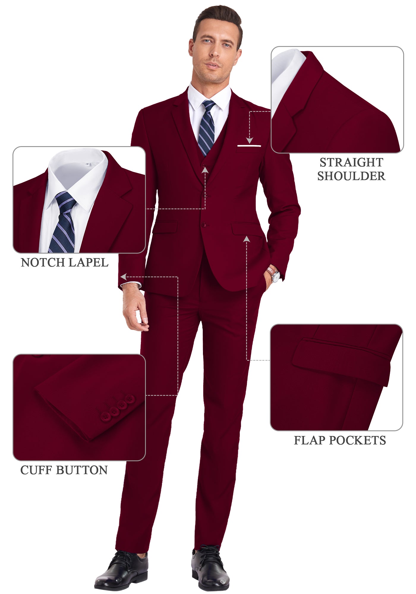 Feature callouts on burgundy suit showing notch lapel, flap pockets, cuff buttons, and shoulder cut