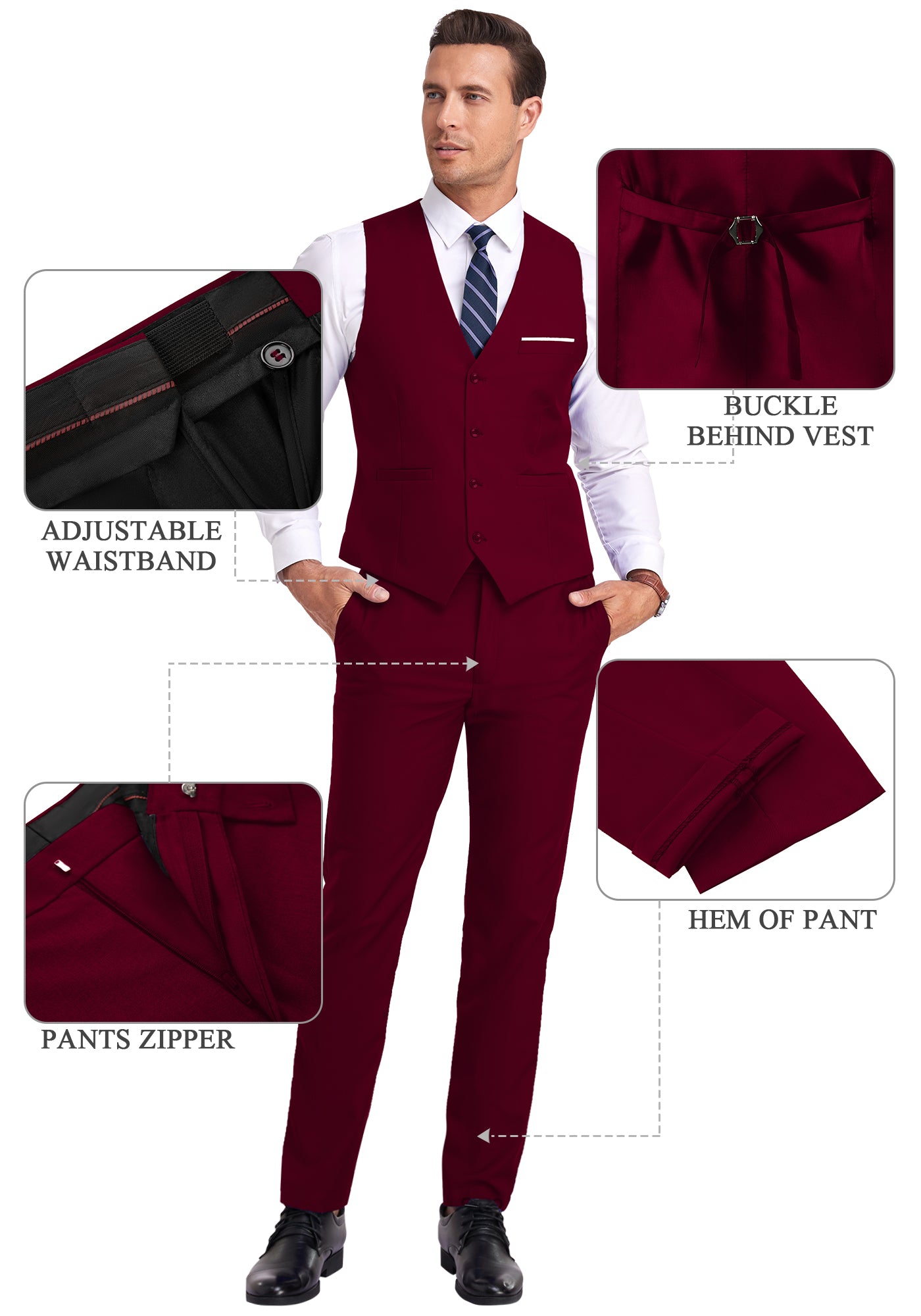 burgundy vest and pants displayed on model with zoom-in details on waistband, zipper, and vest buckle