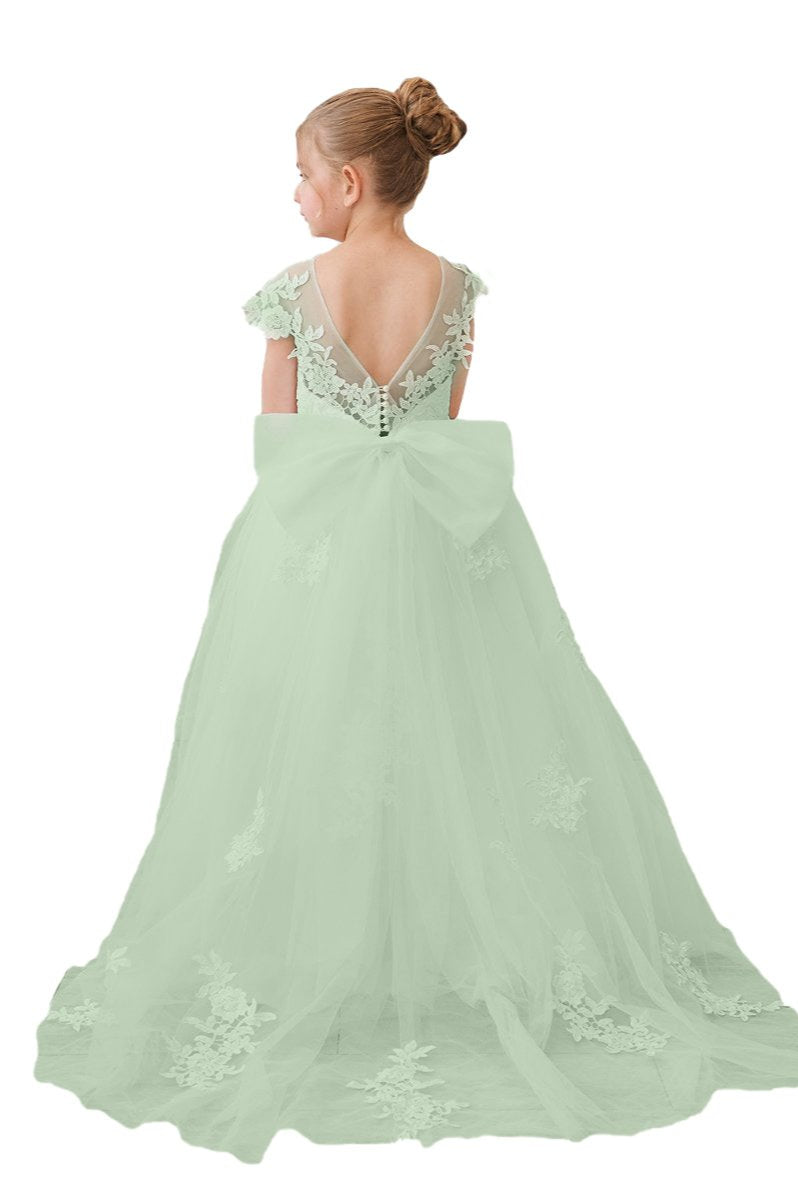Elegant mint green flower girl tulle dress with lace details and a beautiful bow at the back