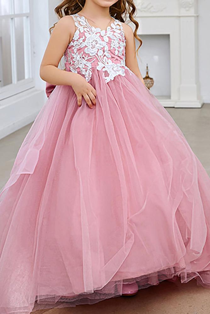 Lace Applique Tulle Flower Girl Dress for Wedding