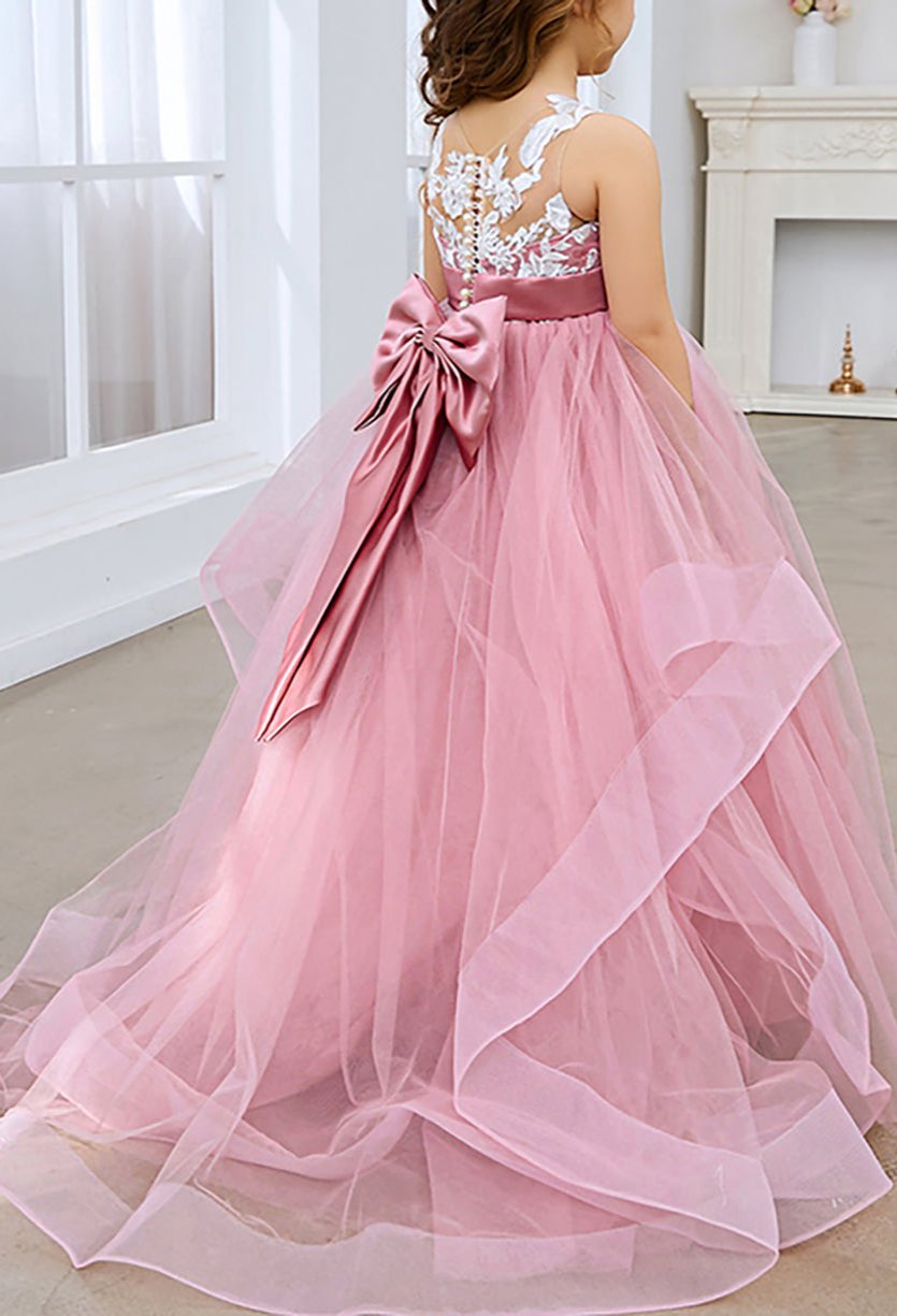 Lace Applique Tulle Flower Girl Dress for Wedding