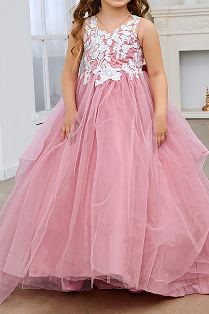 Lace Applique Tulle Flower Girl Dress for Wedding