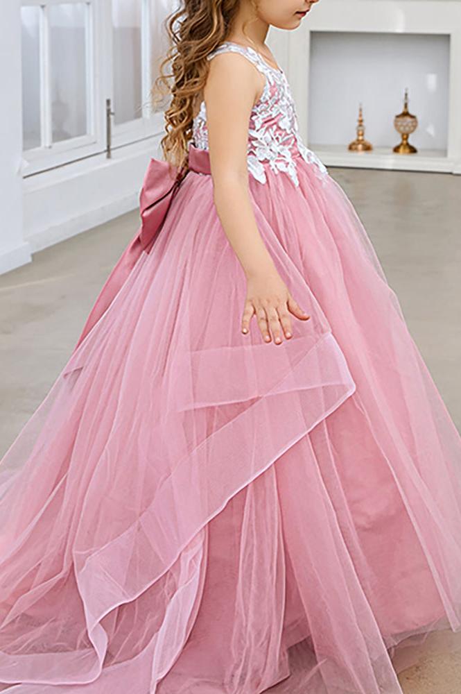 Lace Applique Tulle Flower Girl Dress for Wedding