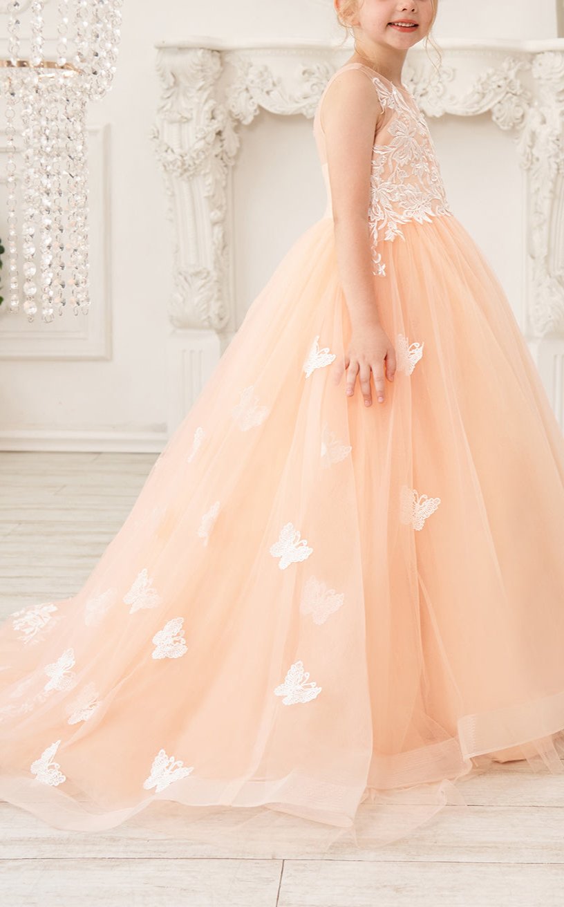 Wehilion applique tulle princess gown in soft peach with delicate floral details designed for young girls