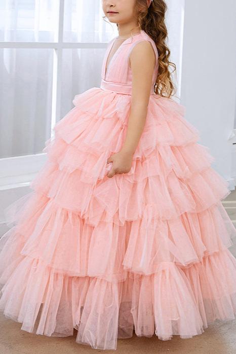 Applique Lace Tulle Flower Girl Dress for Wedding Princess Pageant Party Gown