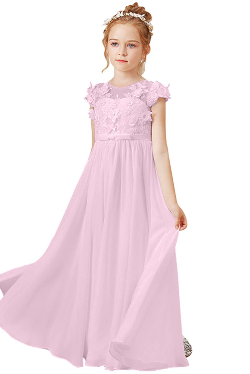 Wehilion flower girl tulle dress in soft pink with delicate floral details and short sleeves