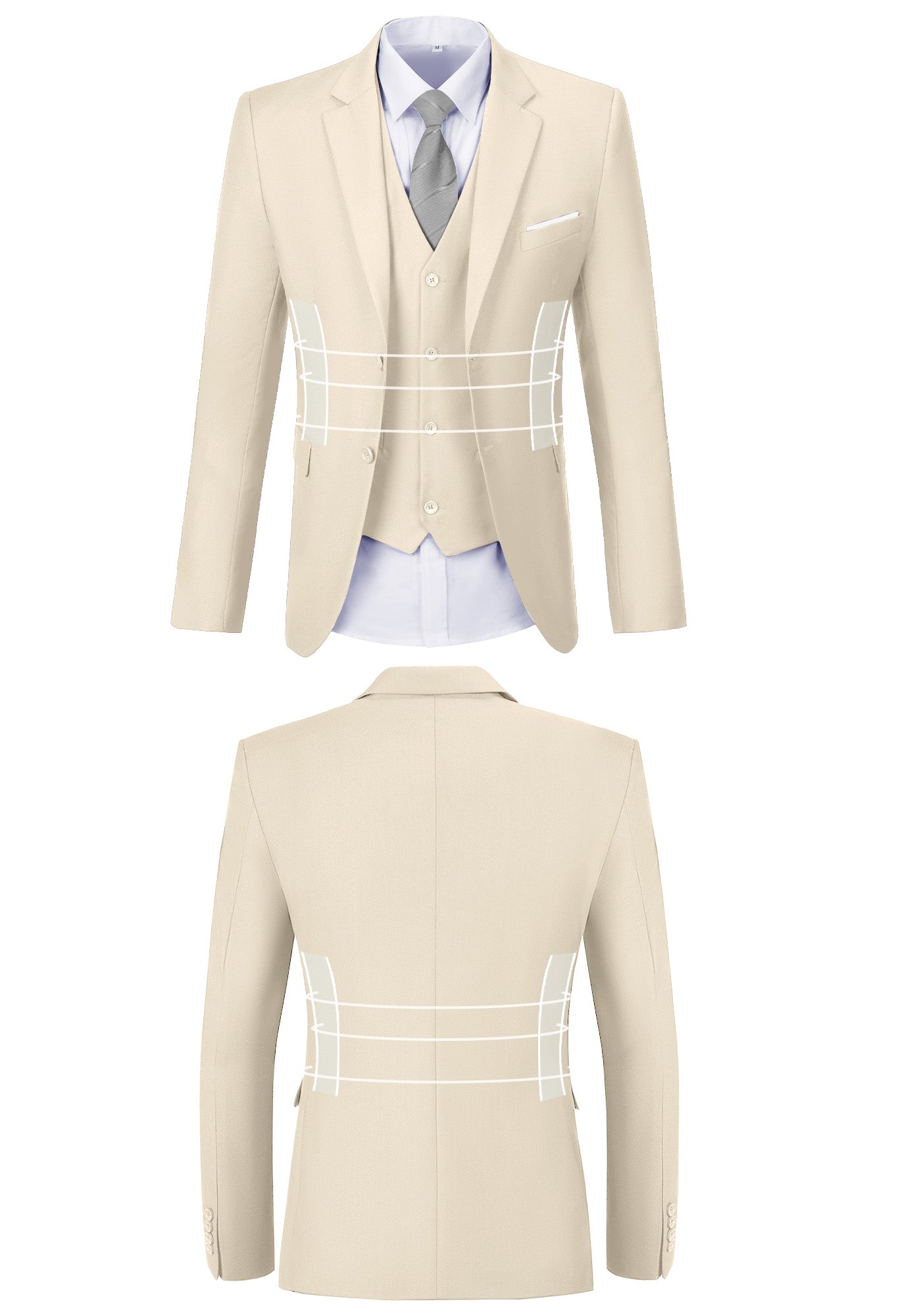 Front and back view of cream suit jacket showing fit, button, and stitching design