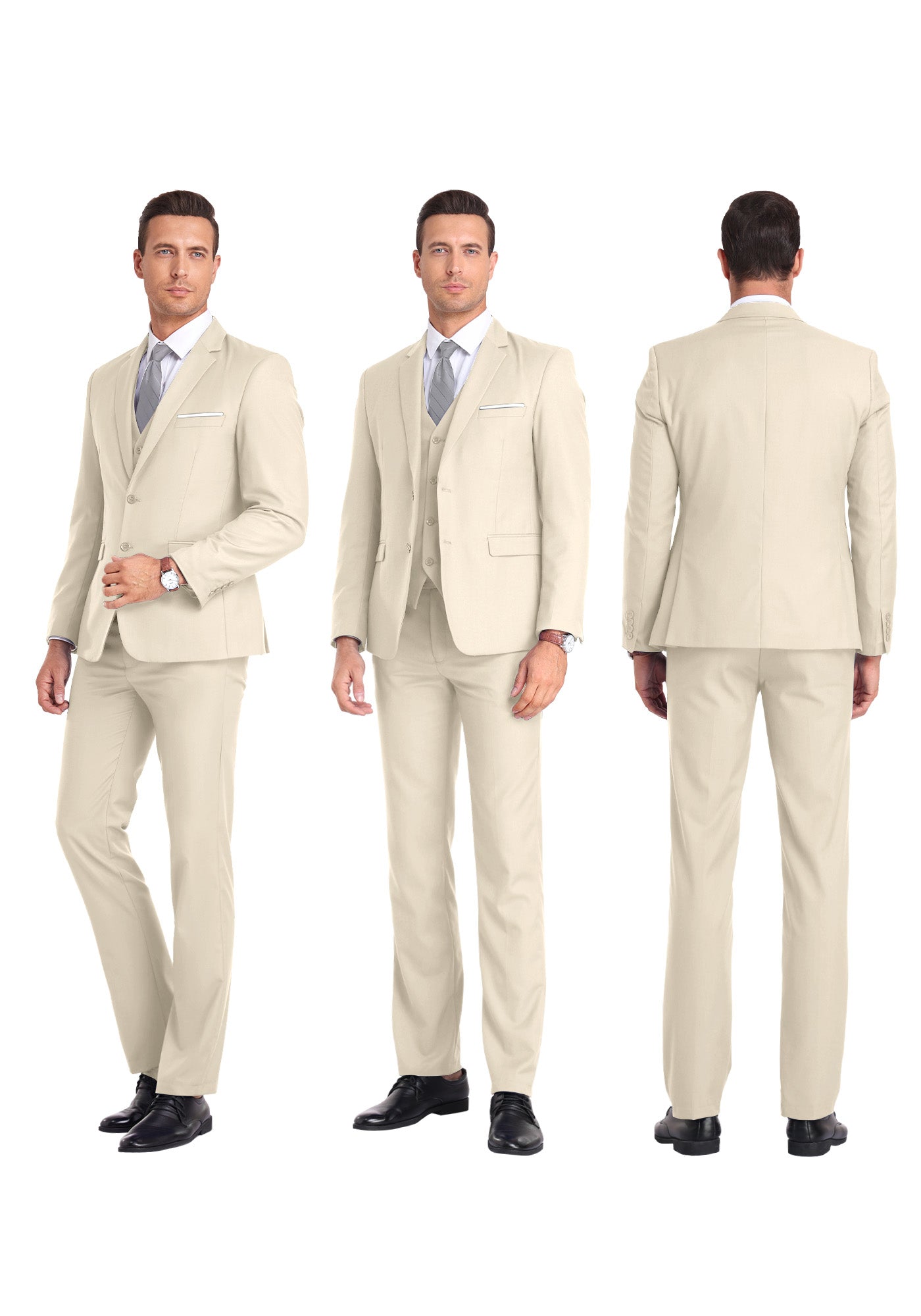 Three-angle view of model in cream suit from front, side, and rear, highlighting tailored fit
