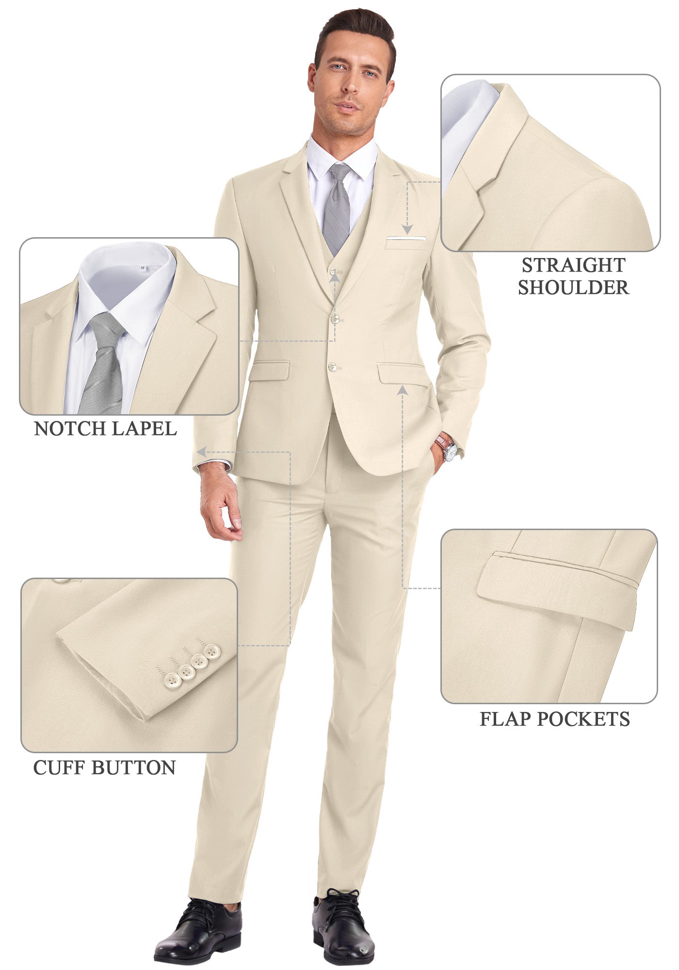 Feature callouts on cream suit showing notch lapel, flap pockets, cuff buttons, and shoulder cut