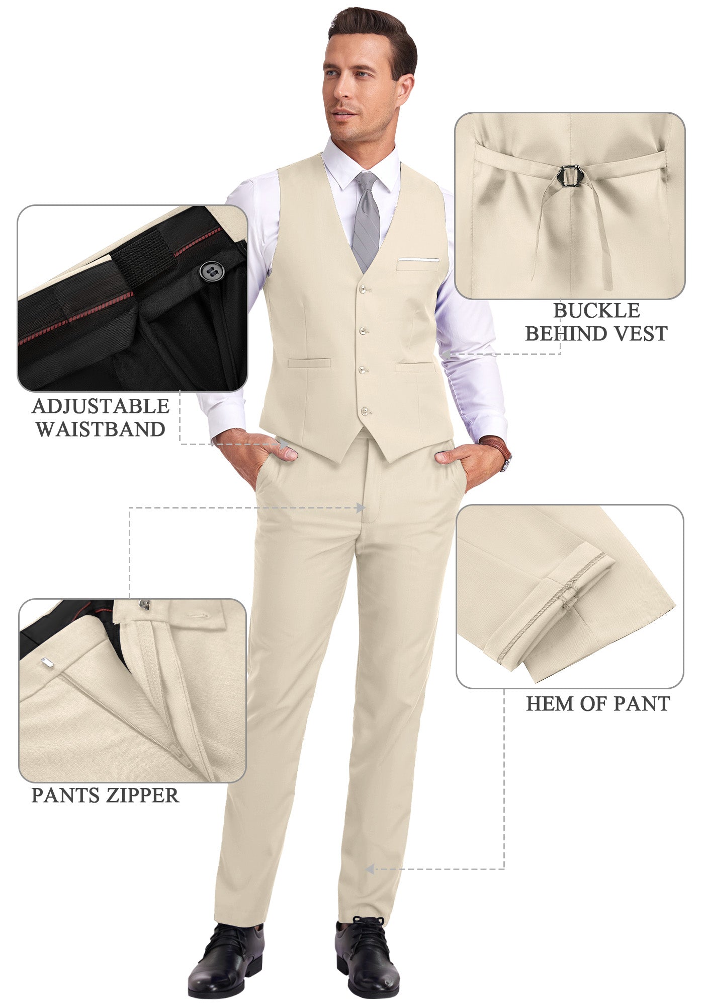 cream vest and pants displayed on model with zoom-in details on waistband, zipper, and vest buckle