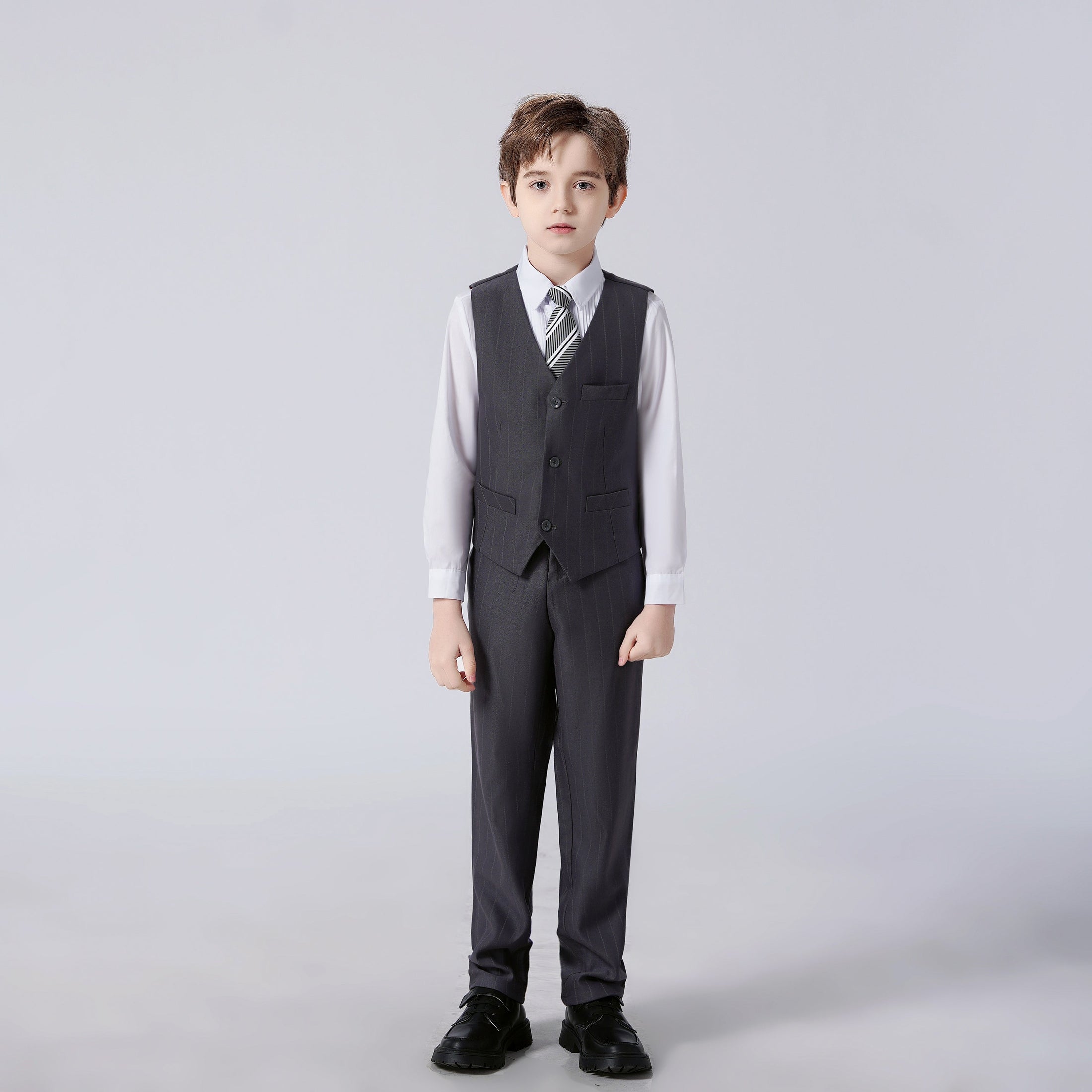 Dark Grey Striped Modern 4 Piece Boy's Formal Suits