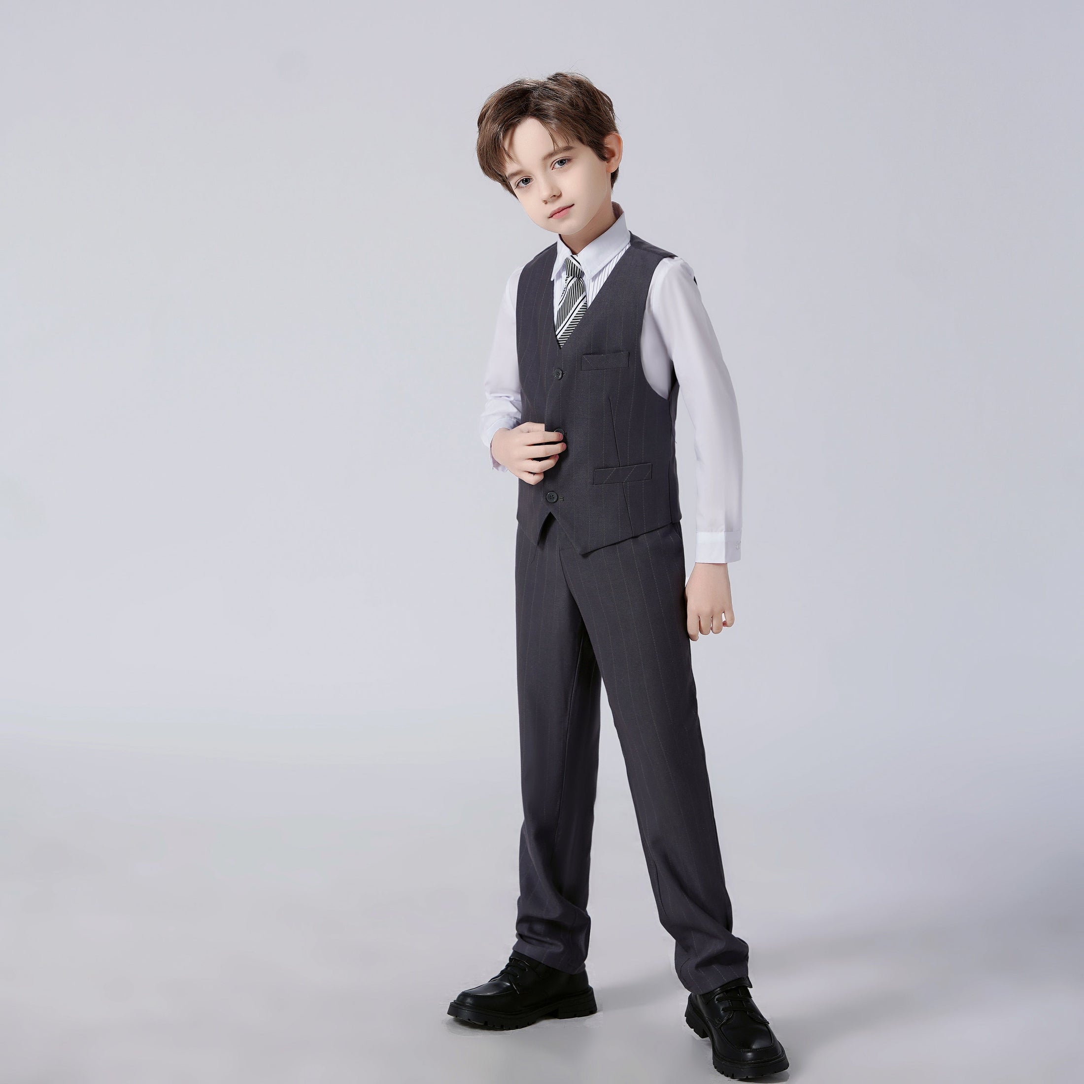 Dark Grey Striped Modern 4 Piece Boy's Formal Suits