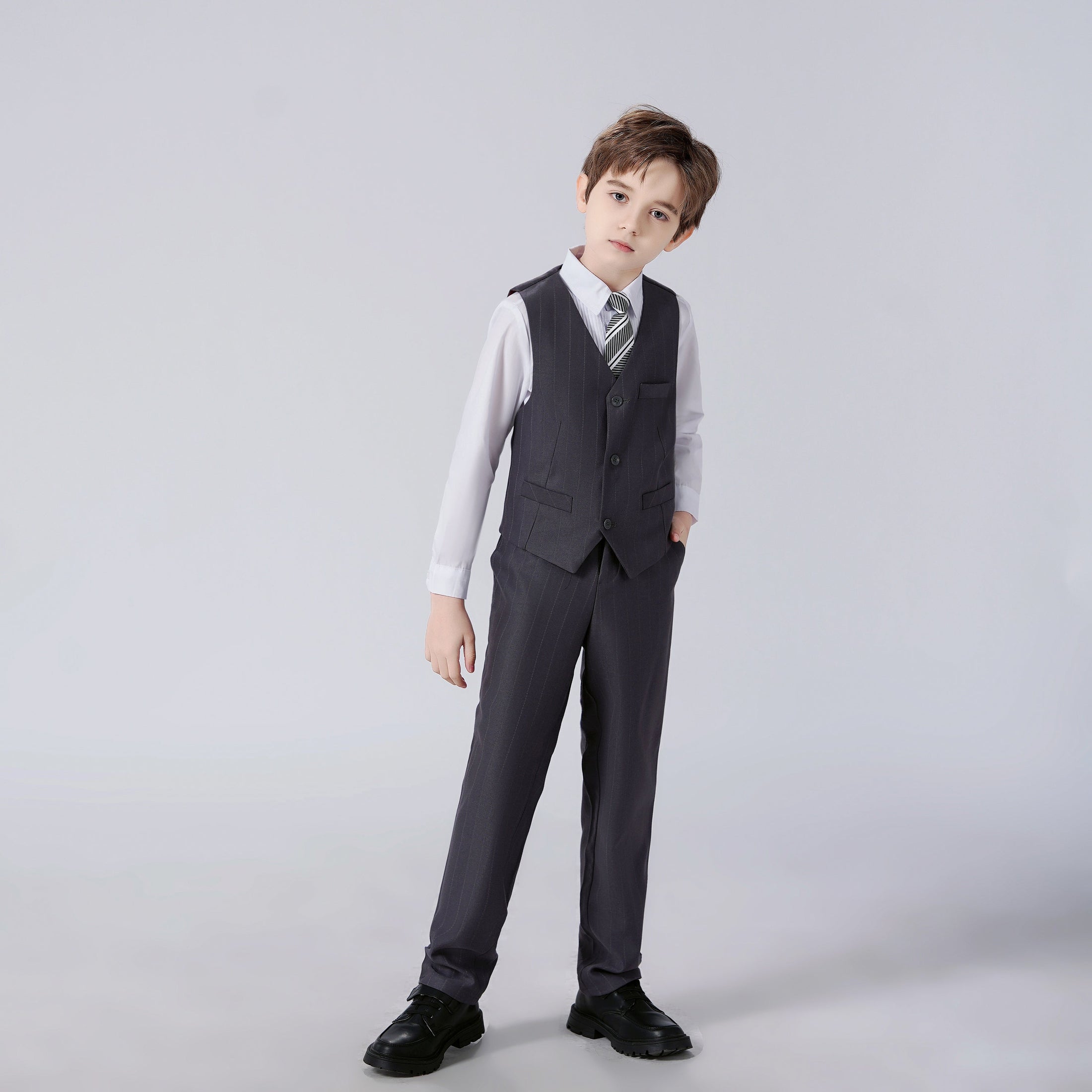 Dark Grey Striped Modern 4 Piece Boy's Formal Suits