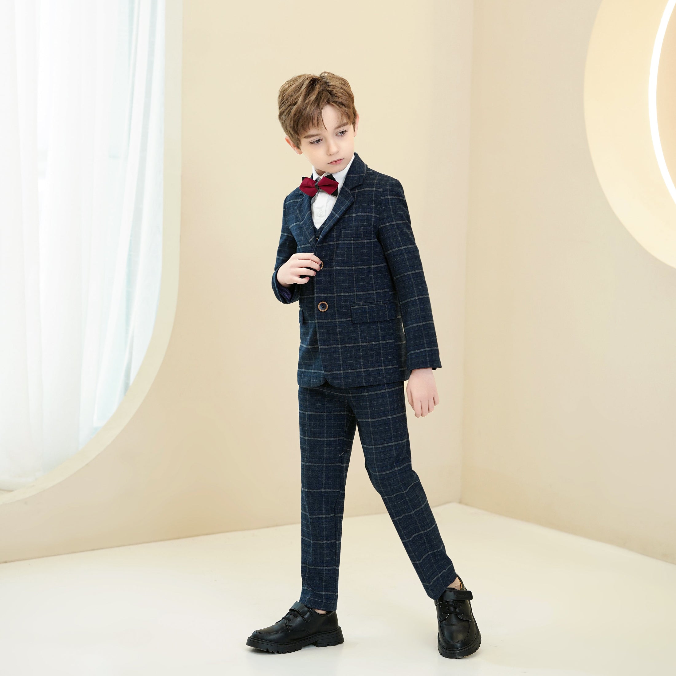 Navy Plaid Elegant 5 Piece Boys Suits