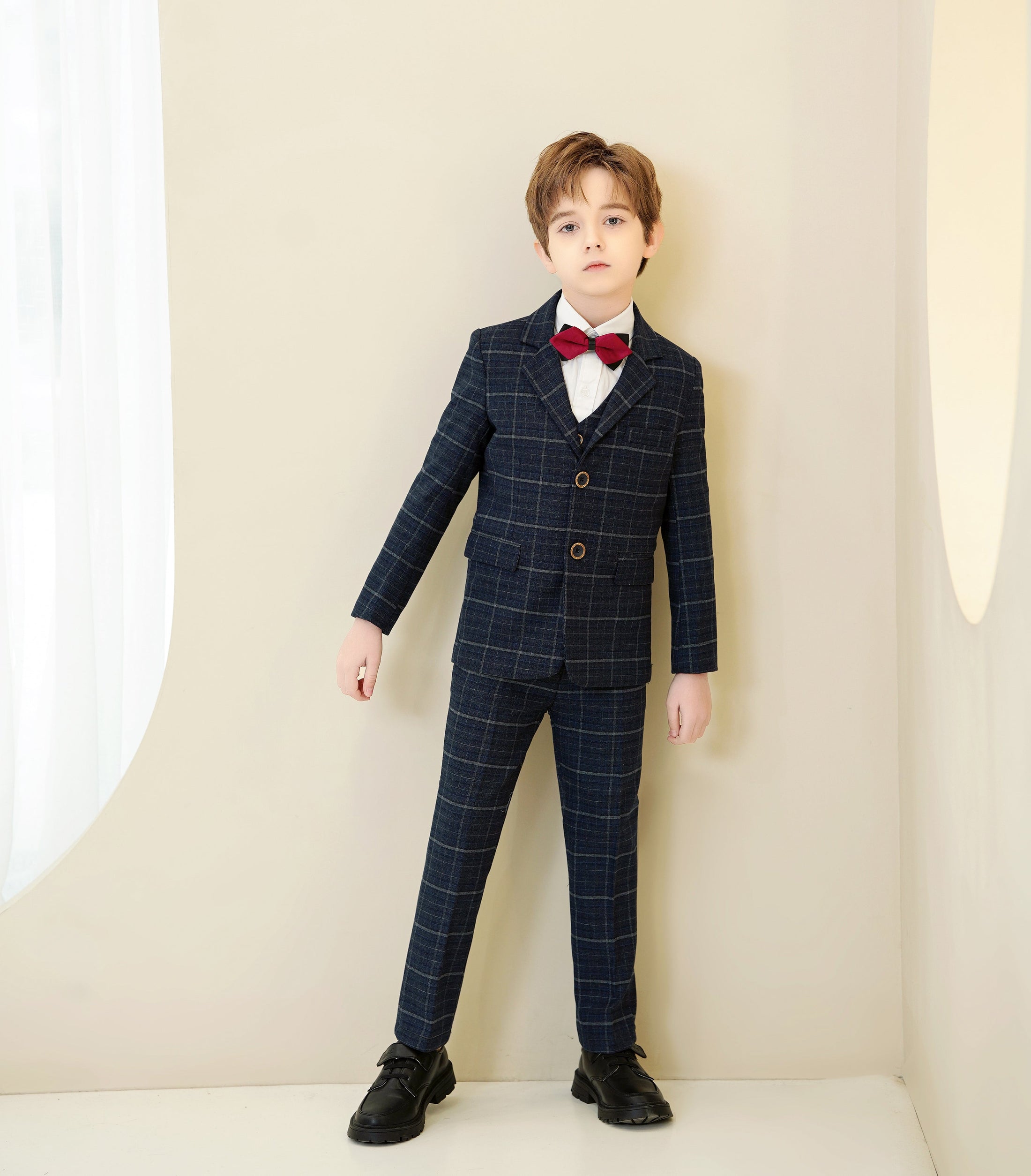 Navy Plaid Elegant 5 Piece Boys Suits