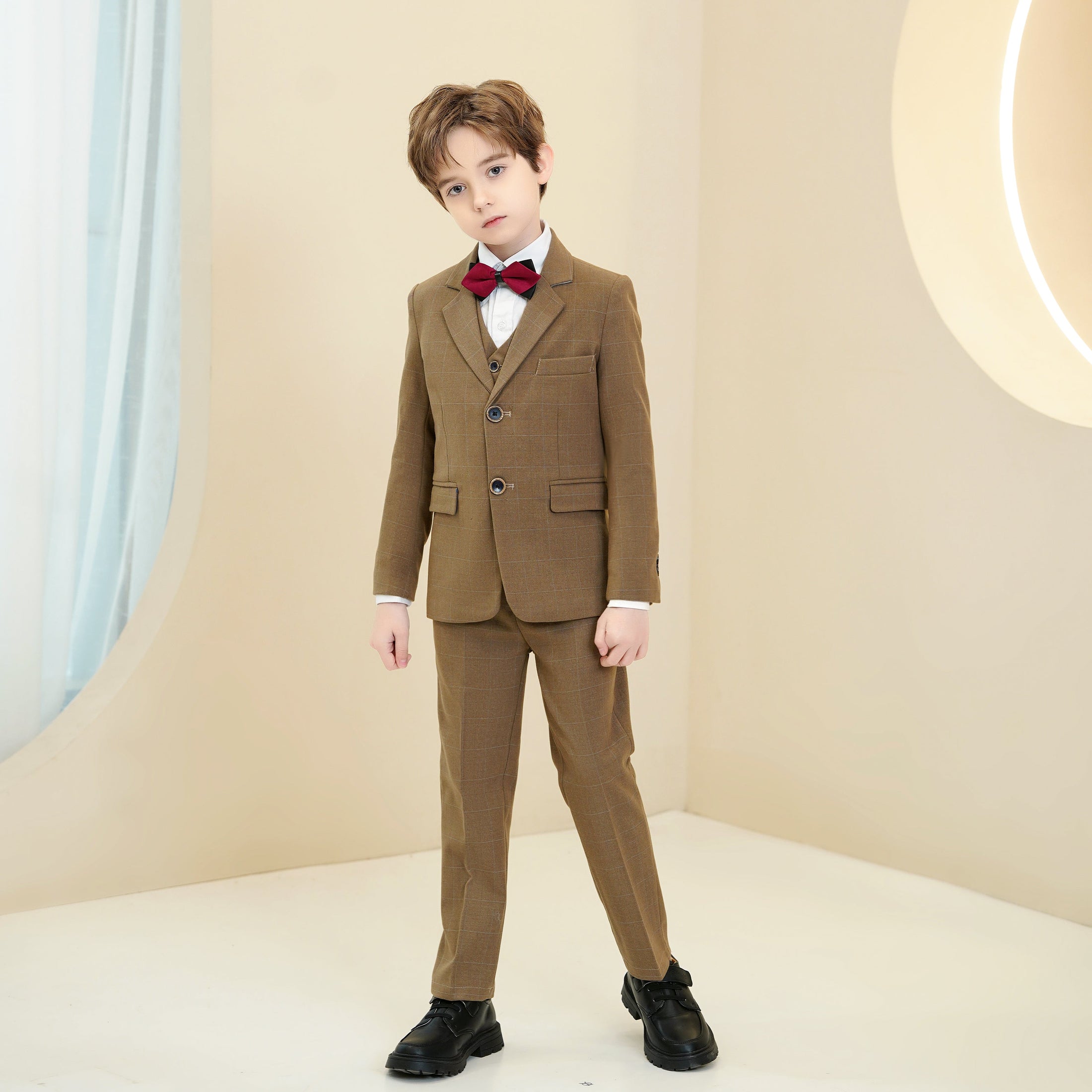 Dark Khaki Plaid Elegant 5 Piece Boys Suits