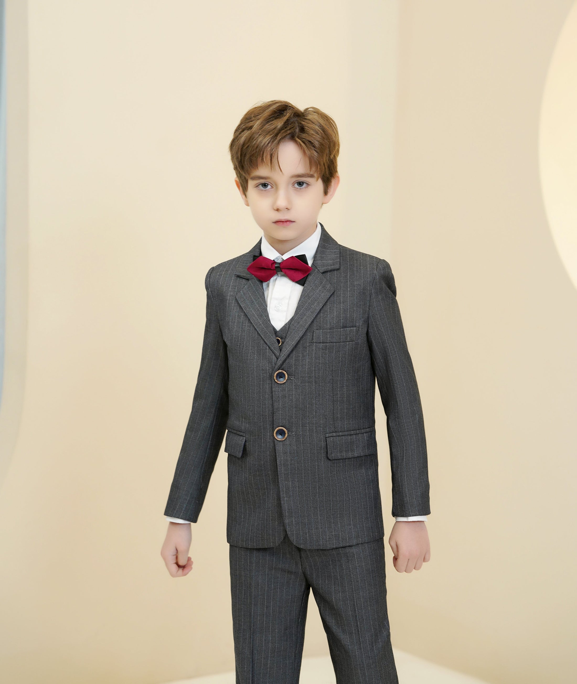 Dark Grey Striped Modern 5 Piece Boy's Formal Suits