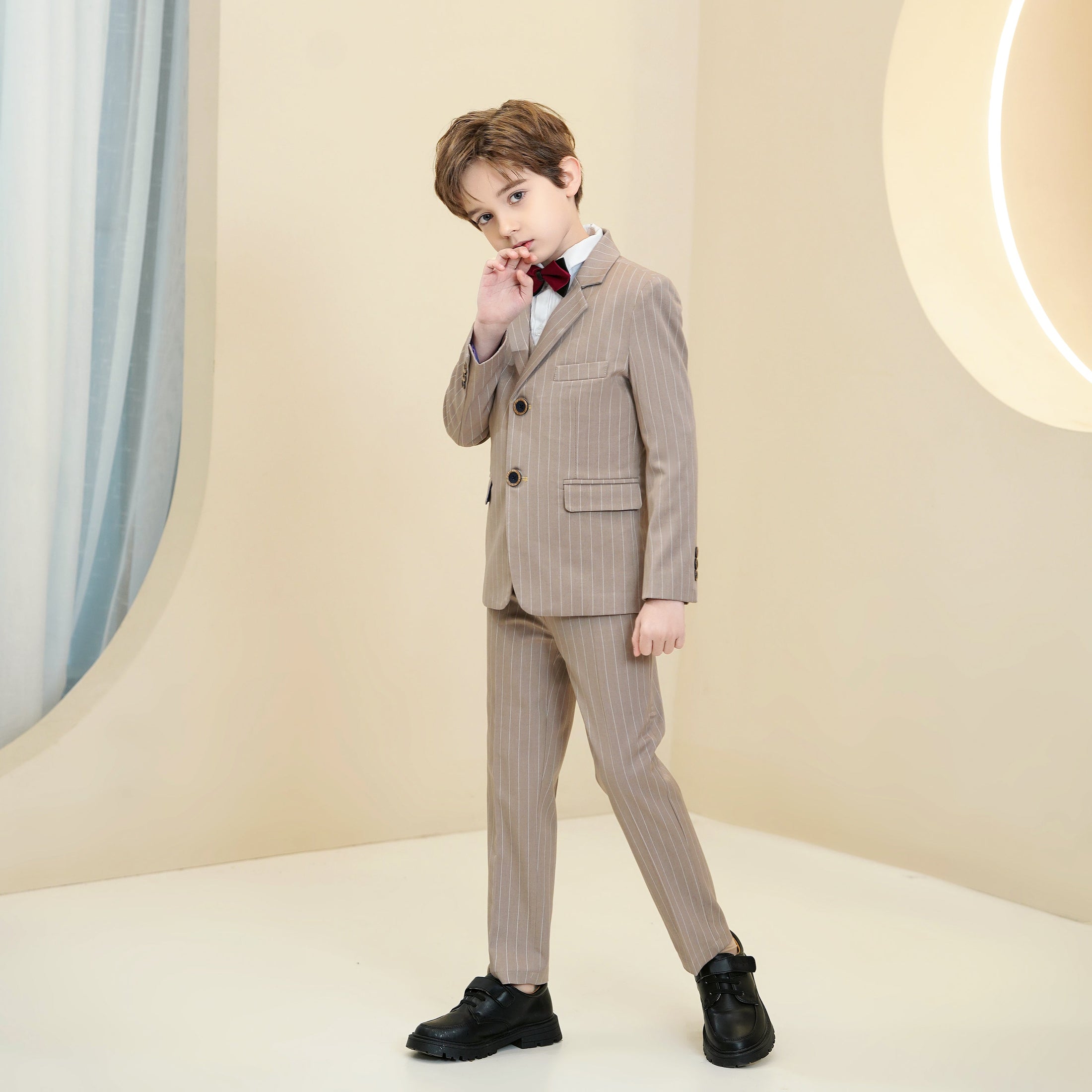 Khaki Striped Modern 5 Piece Boy's Formal Suits