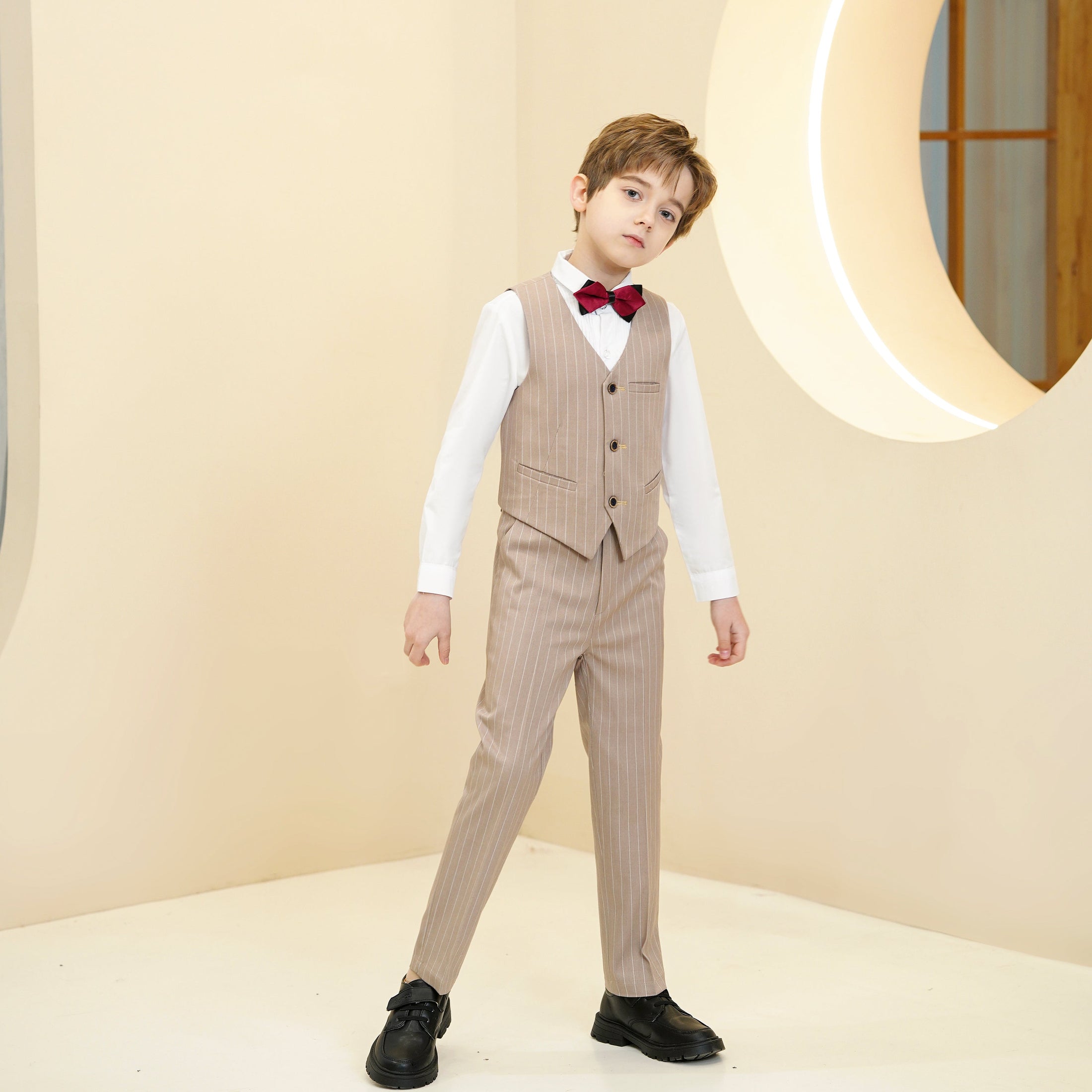 Khaki Striped Modern 5 Piece Boy's Formal Suits