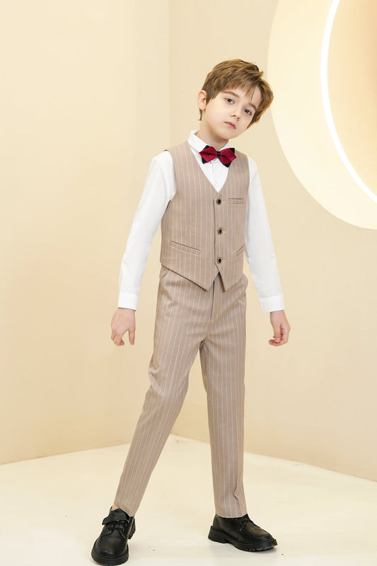 Khaki Striped Modern 4 Piece Boy's Formal Suits