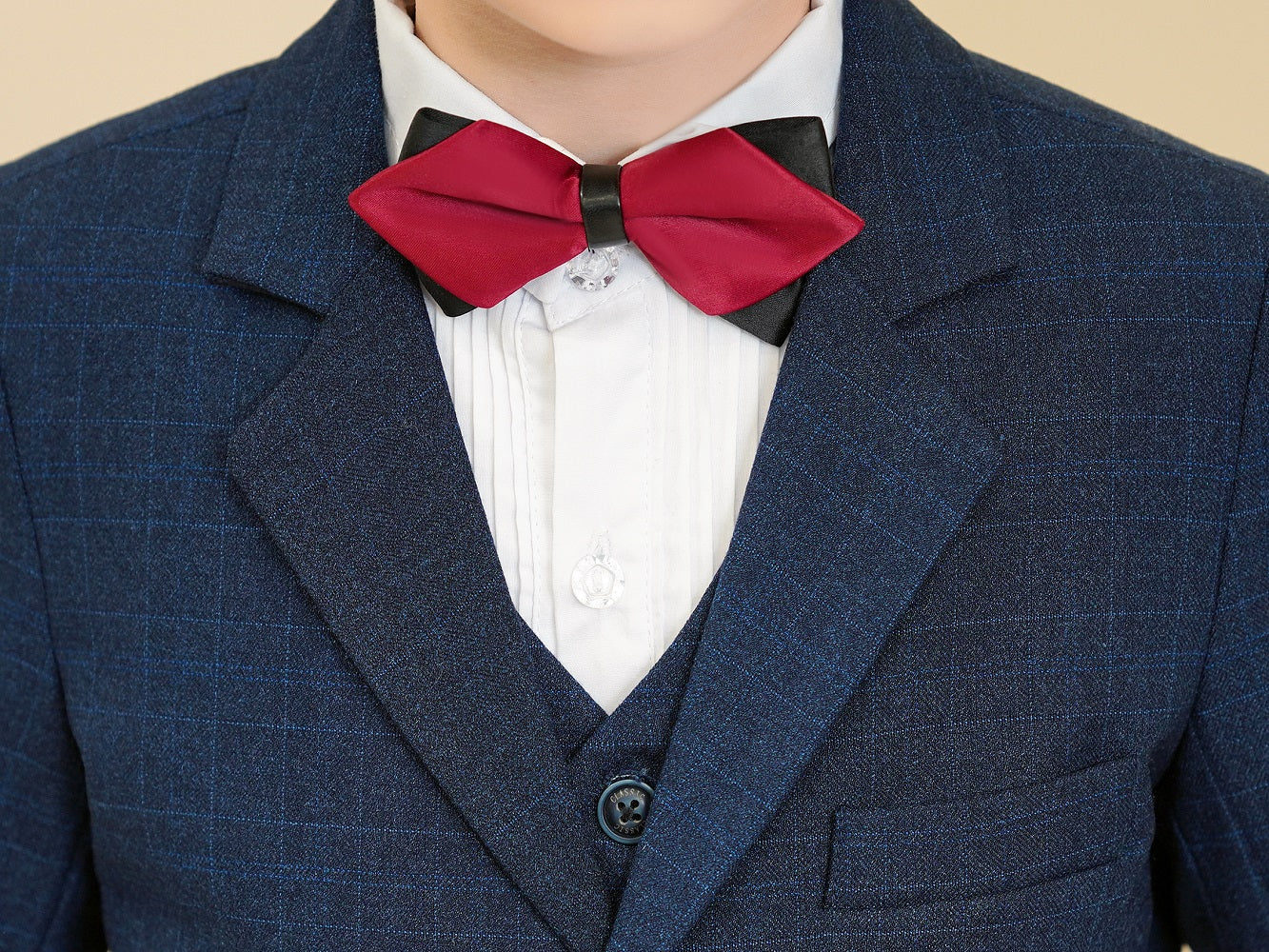 Navy Plaid Elegant Formal 5 Piece Boys Suits