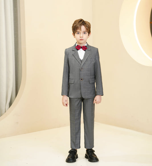 Grey Plaid Elegant 5 Piece Boys Suits