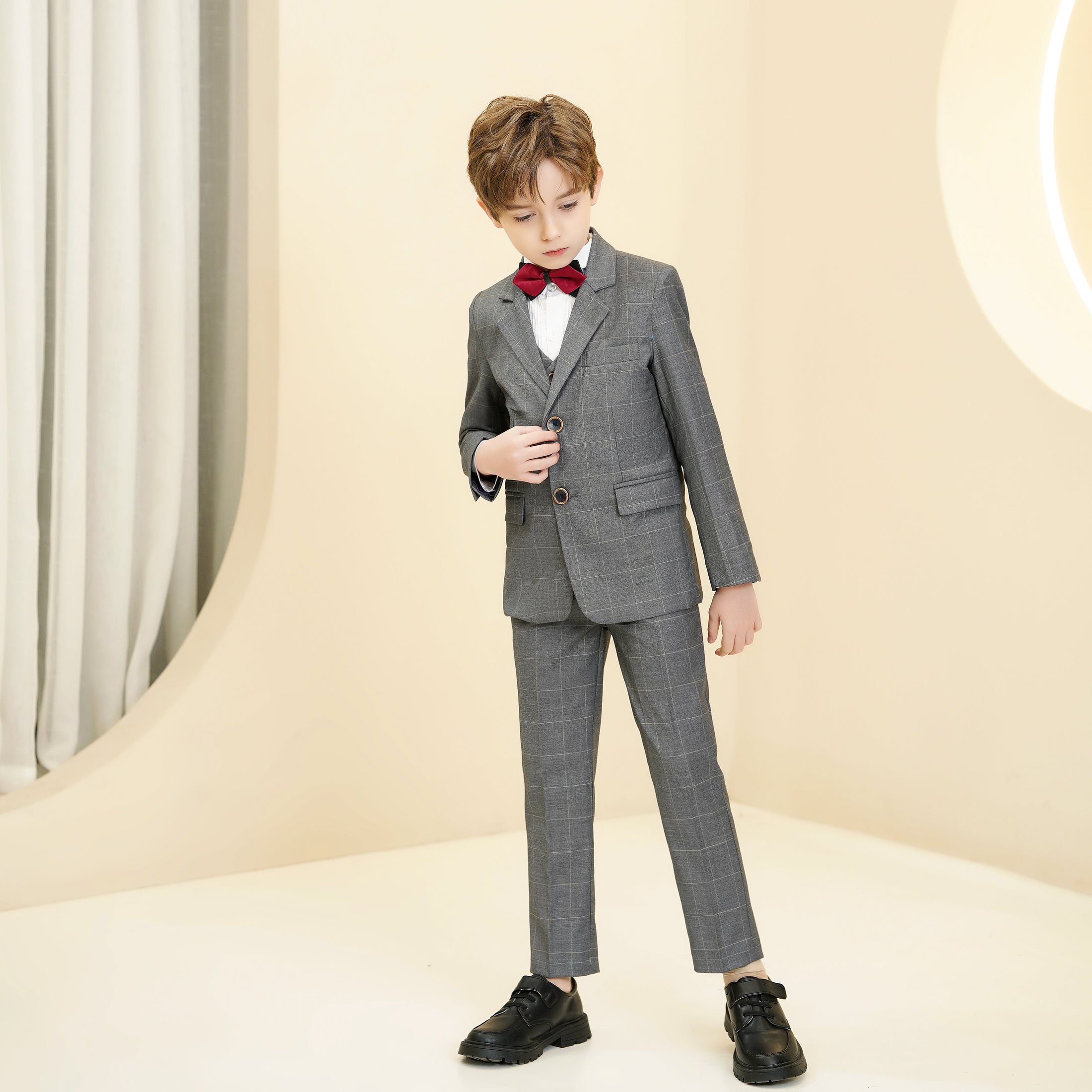 Grey Plaid Elegant 5 Piece Boys Suits