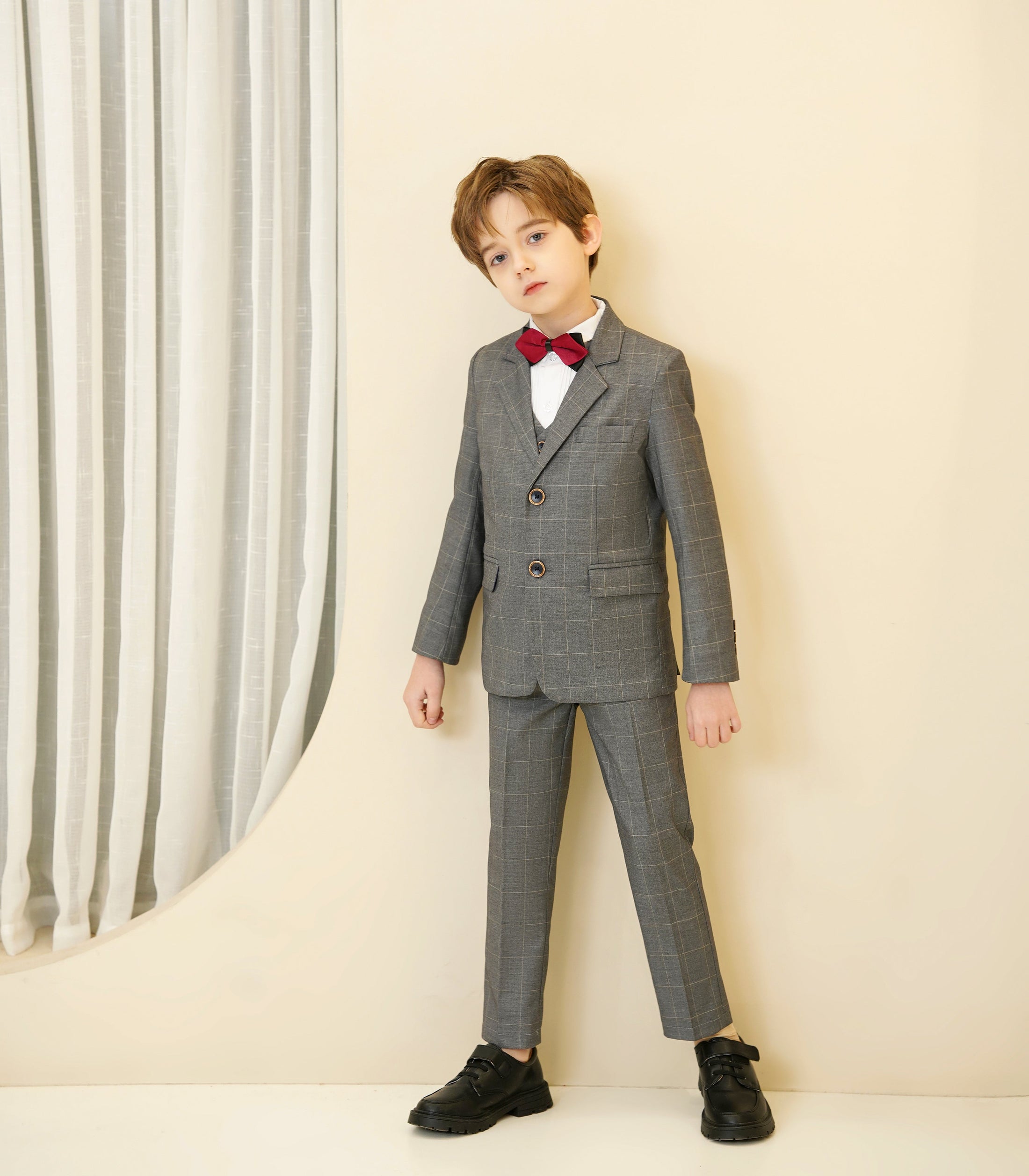 Grey Plaid Elegant 5 Piece Boys Suits