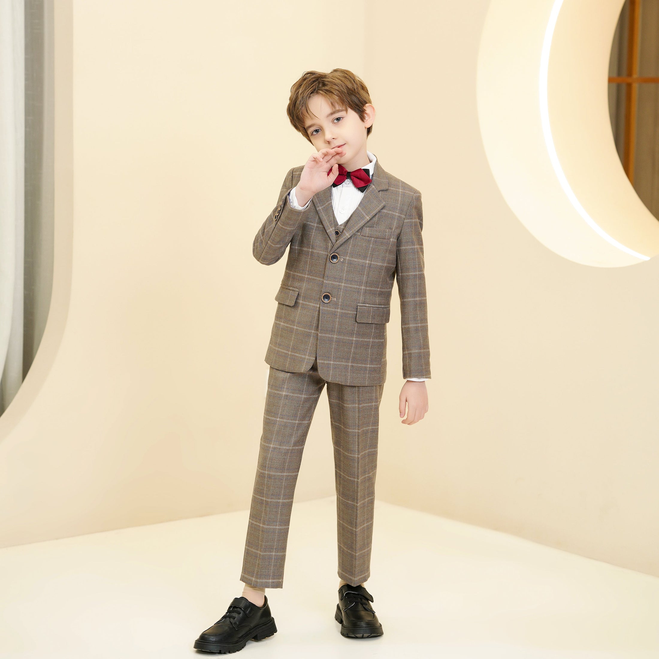 Khaki Plaid Elegant 5 Piece Boys Suits