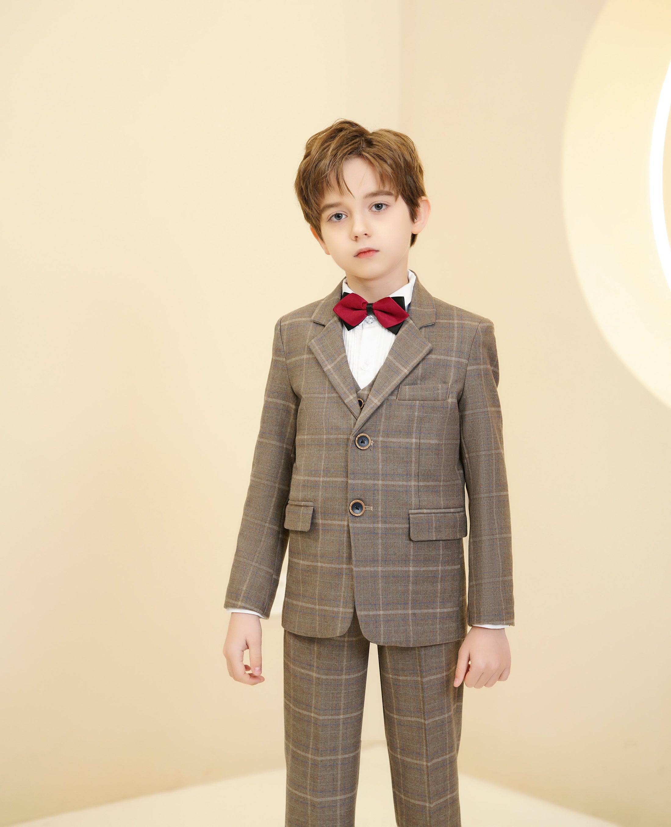 Khaki Plaid Elegant 5 Piece Boys Suits