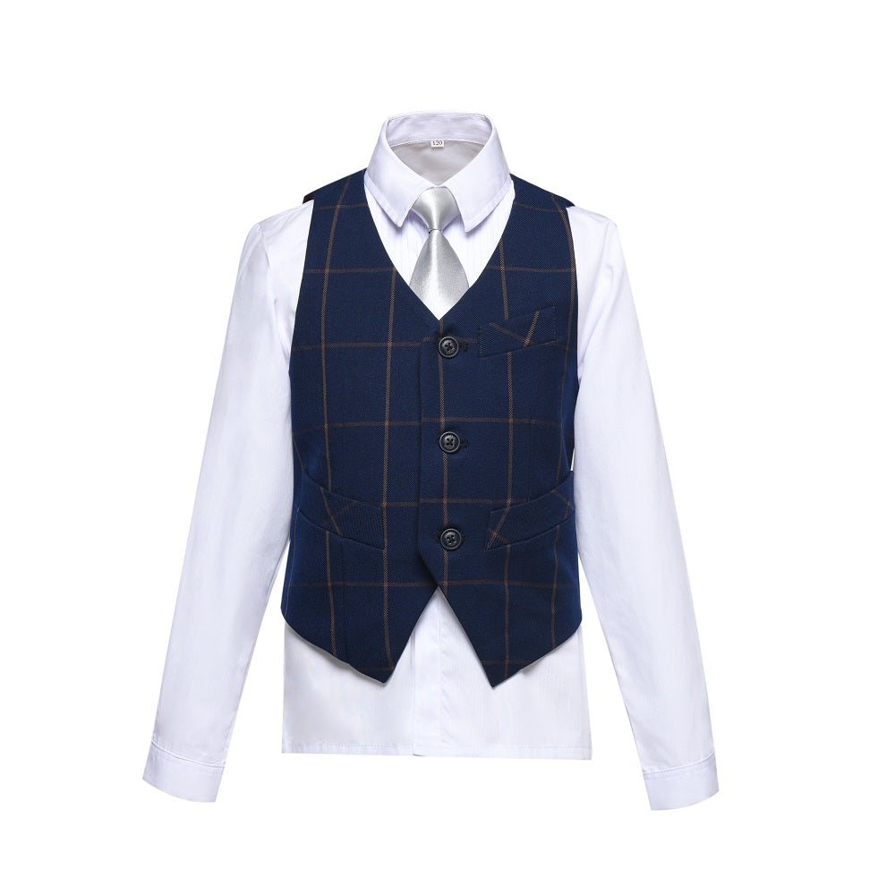 Blue Plaid Elegant 5 Piece Boys Suits