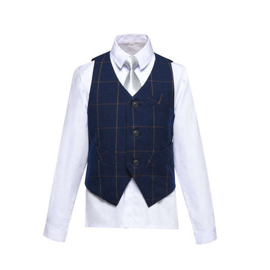 Navy Plaid 2 Piece Kids Boys' Vest and Pants Dress Suits Set