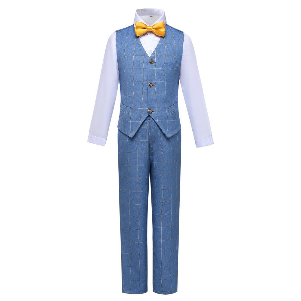 Light Blue Plaid Elegant Formal 5 Piece Boys Suits