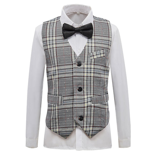 Grey and White Plaid Elegant Formal 5 Piece Boys Suits