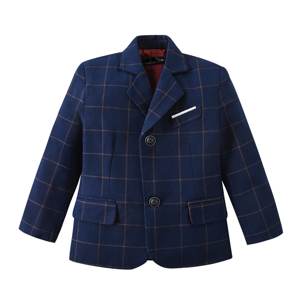 Blue Plaid Elegant 5 Piece Boys Suits