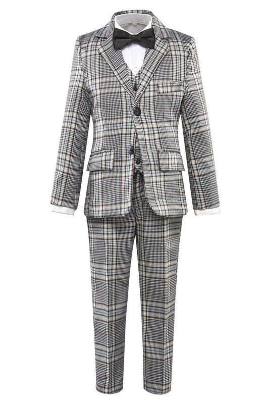 Grey and White Plaid Elegant Formal 5 Piece Boys Suits