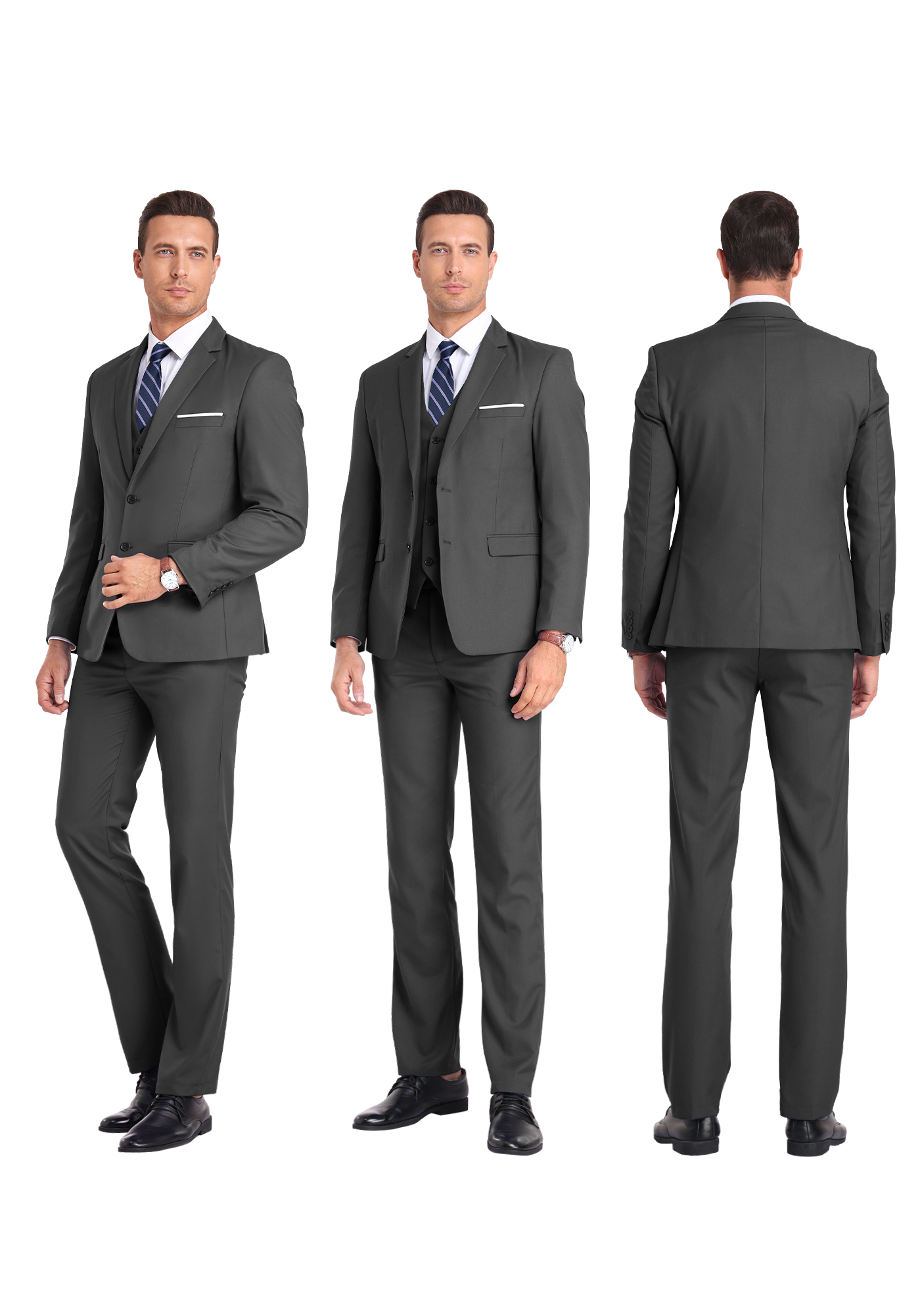 Triple-view of model in dark grey suit from side, front, and back showing full formal silhouette