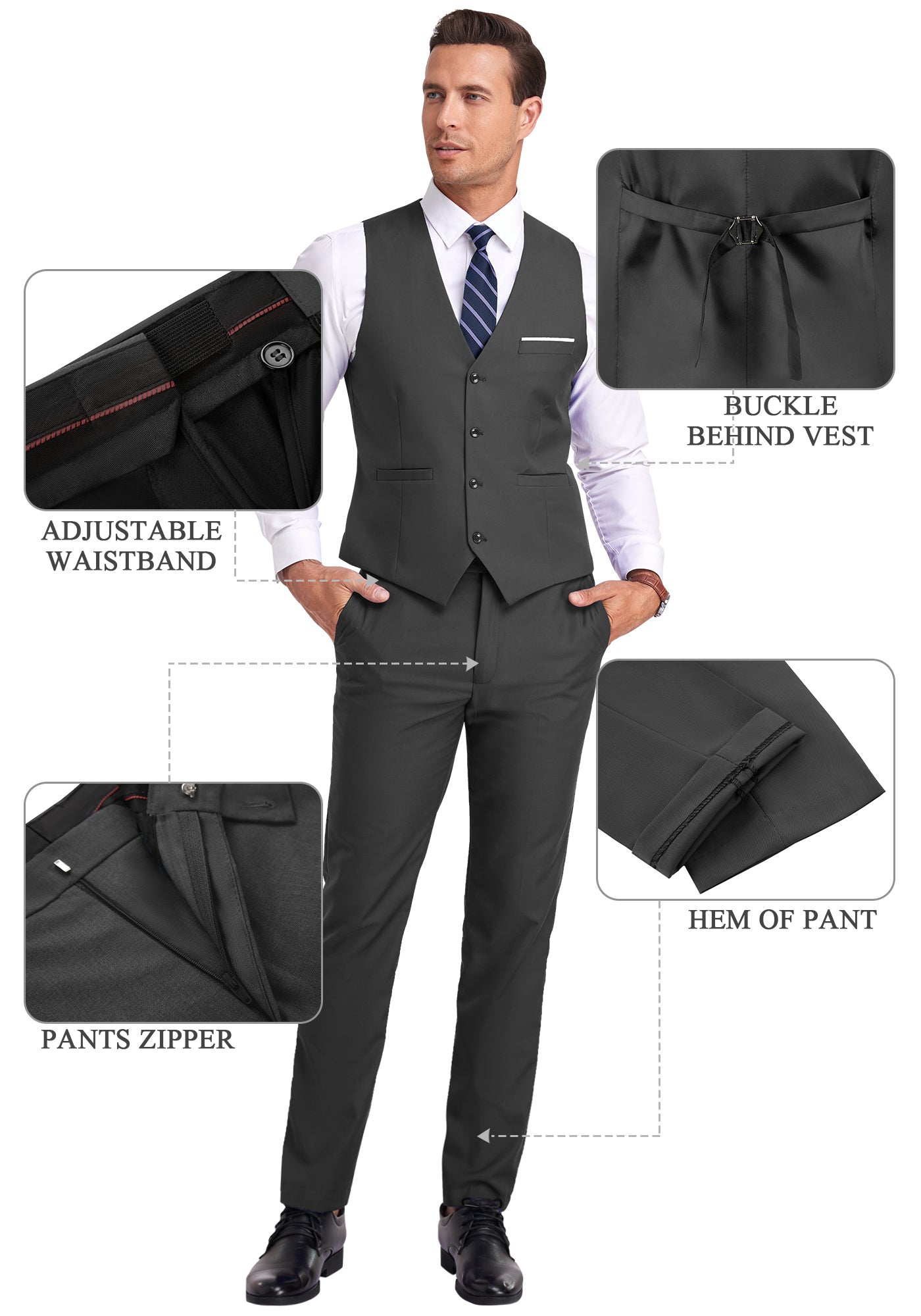 Dark grey vest and pants set displayed on model with callouts for adjustable waistband, pants zipper, and back vest buckle