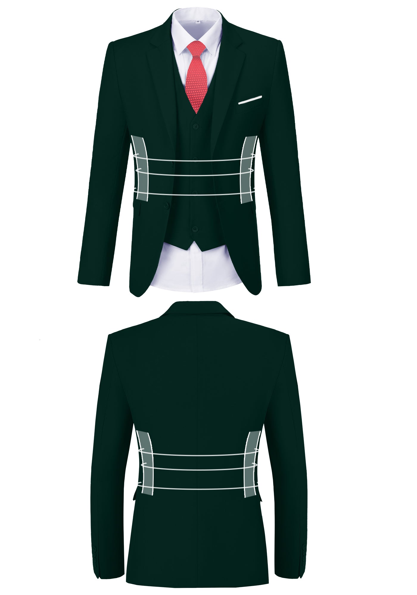 Front and back view of dark green suit jacket showing fit, button, and stitching design